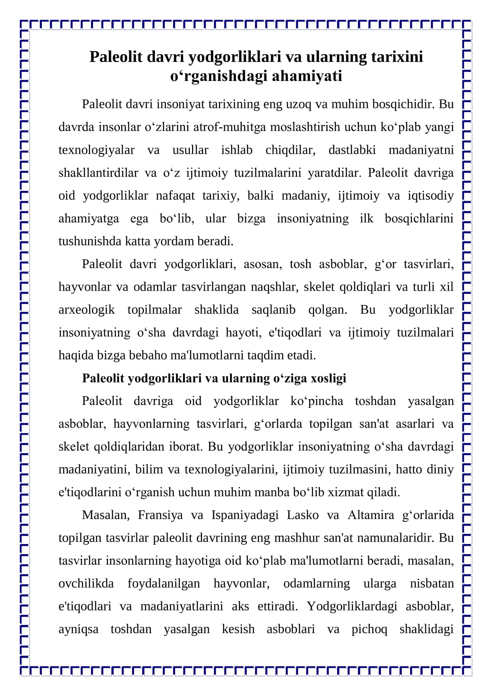 Paleolit davri yodgorliklari va ularning tarixini o'rganish