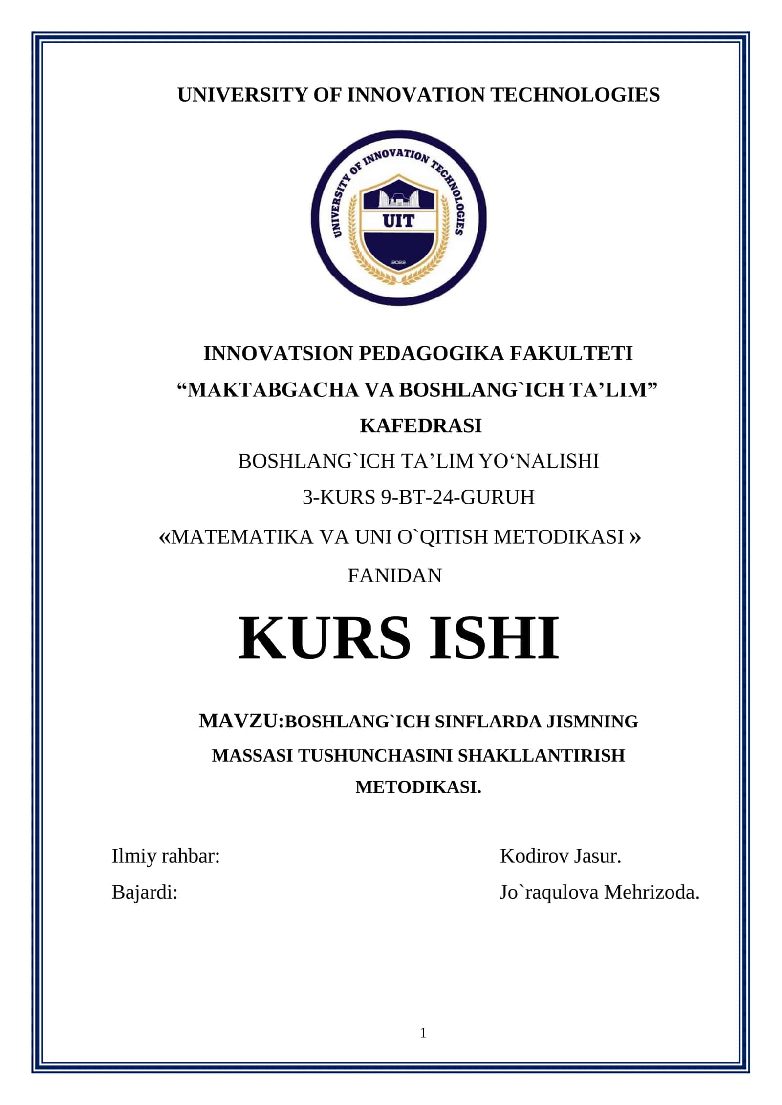 BOSHLANG`ICH SINFLARDA JISMNING 
MASSASI TUSHUNCHASINI SHAKLLANTIRISH 
METODIKASI.