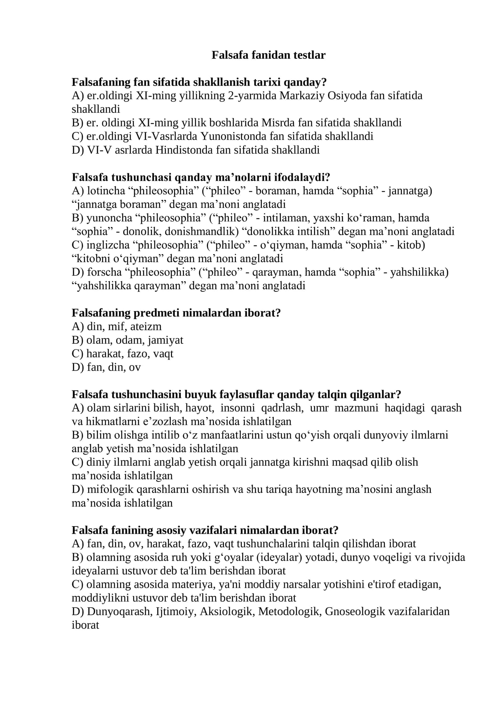 Falsafa fanidan testlar