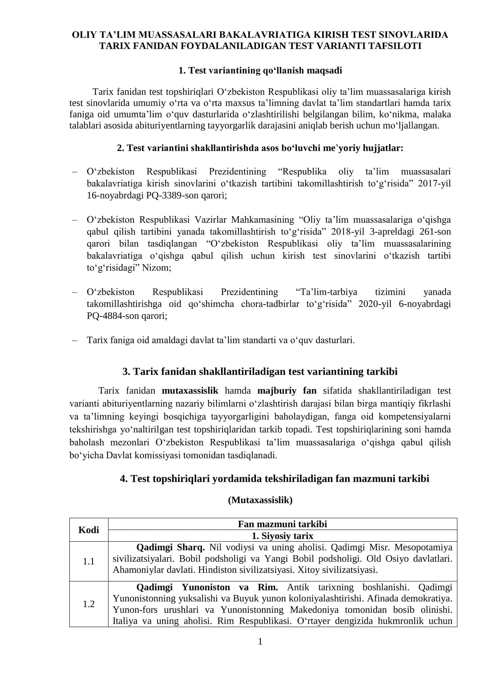 TARIX FANIDAN FOYDALANILADIGAN TEST VARIANTI TAFSILOTI