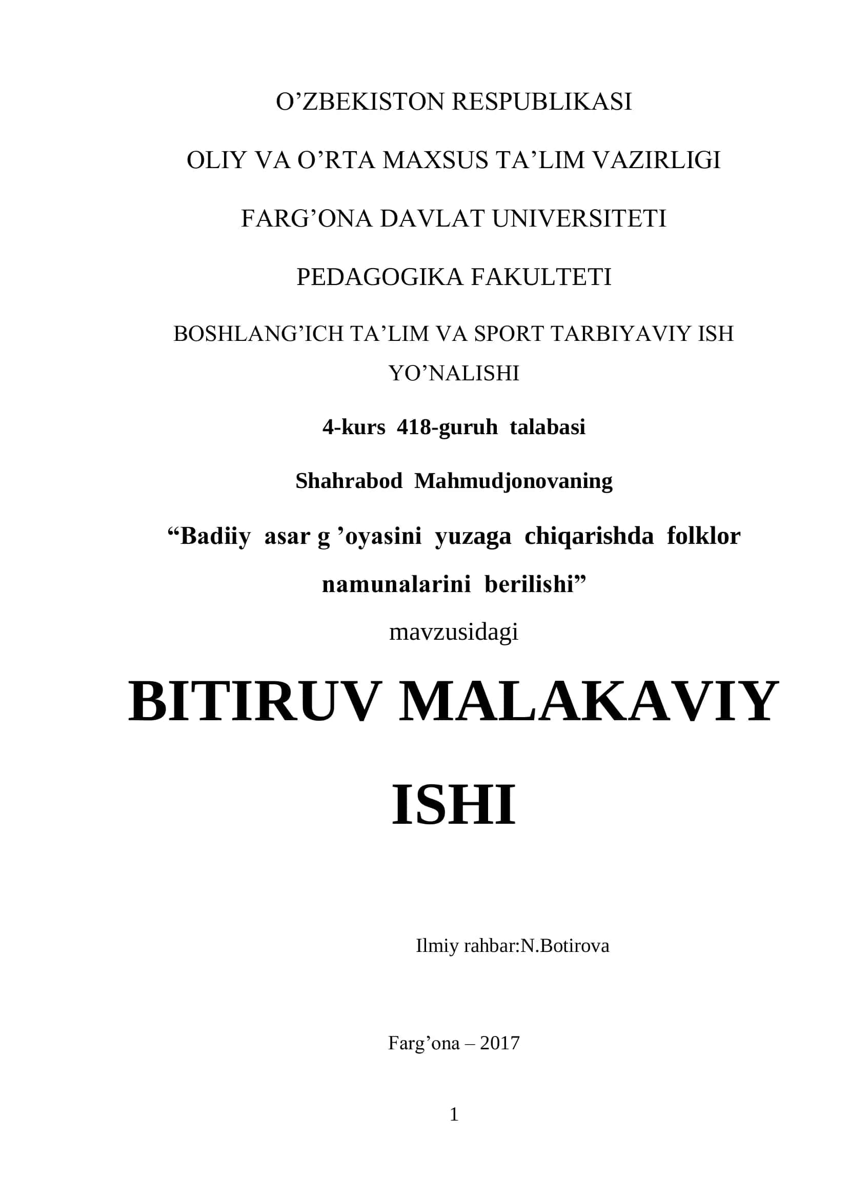 Badiiy asar g ’oyasini yuzaga chiqarishda folklor namunalarini berilishi