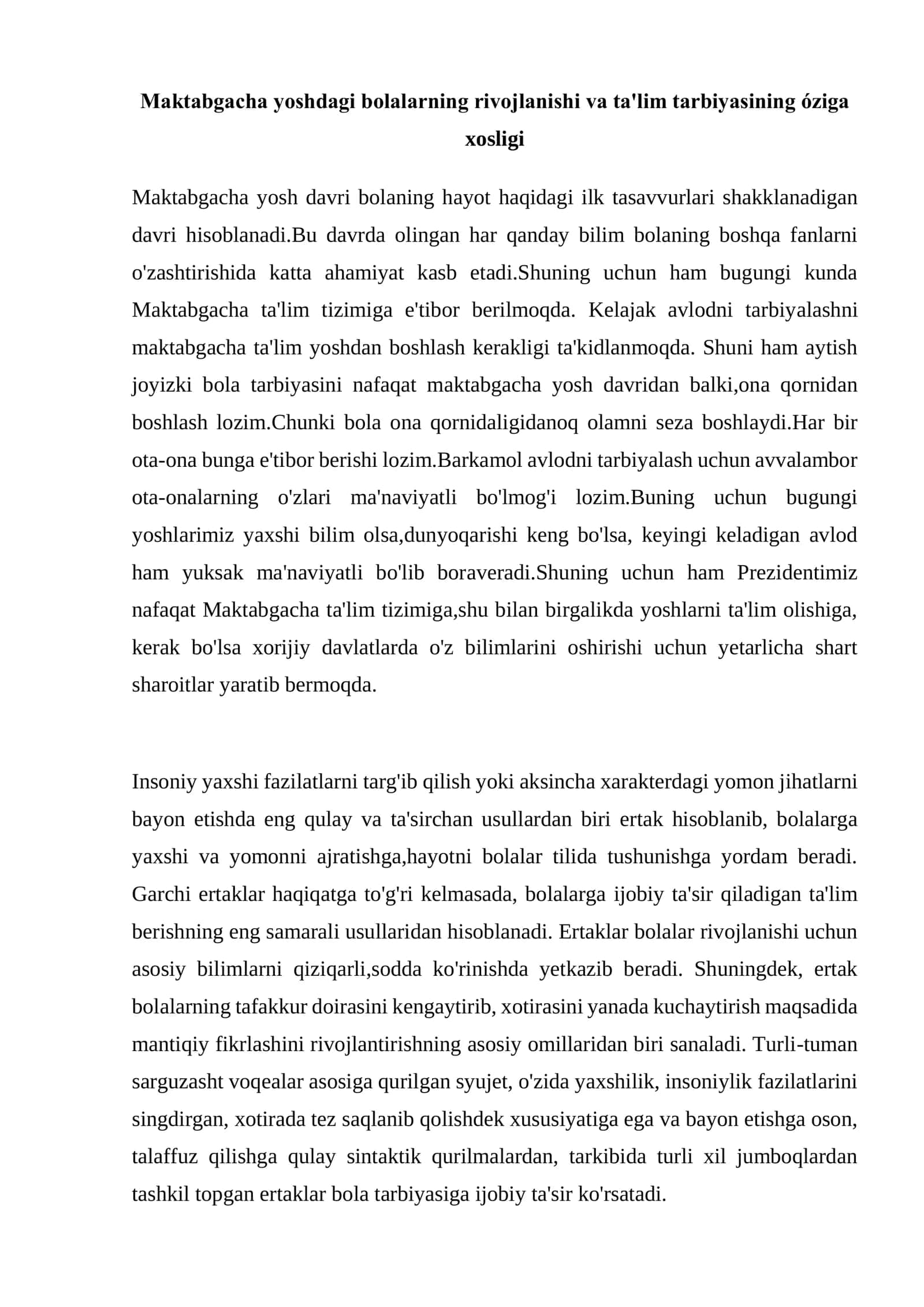 Maktabgacha yoshdagi bolalarning rivojlanishi va ta'lim tarbiyasining óziga xosligi