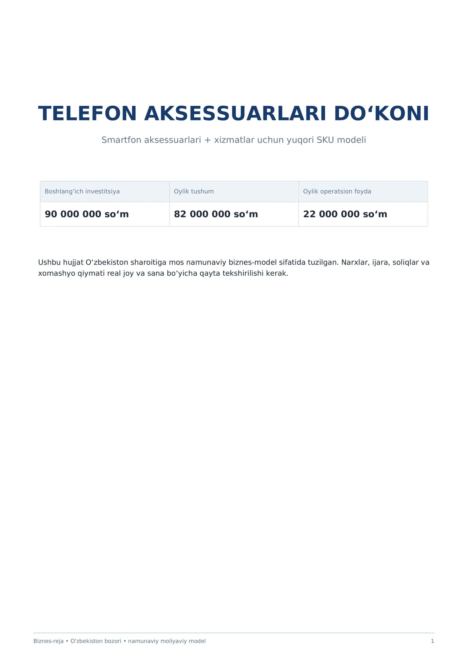 Mukammal TELEFON AKSESSUARLAR DO'KONI biznes rejasi