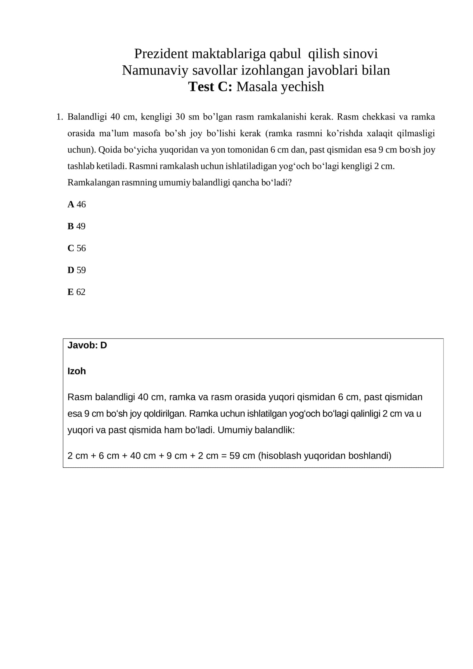Prezident maktablariga kiruvchilar uchun namuna test savollari Test C javoblari bilan