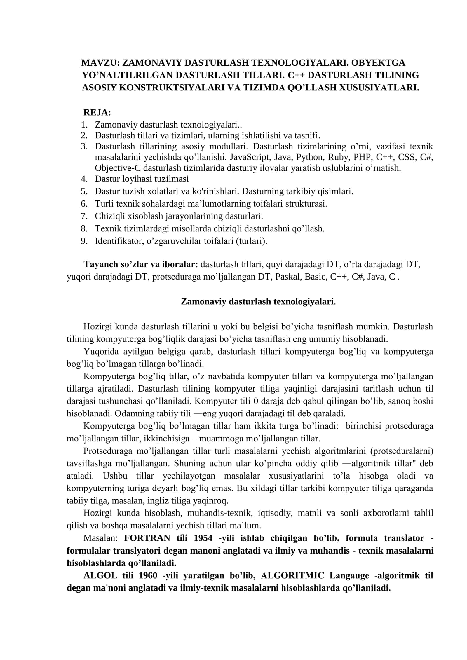 ZAMONAVIY DASTURLASH TEXNOLOGIYALARI. OBYEKTGA YO’NALTILRILGAN DASTURLASH TILLARI. C++ DASTURLASH TILINING ASOSIY KONSTRUKTSIYALARI VA TIZIMDA QO’LLASH XUSUSIYATLARI