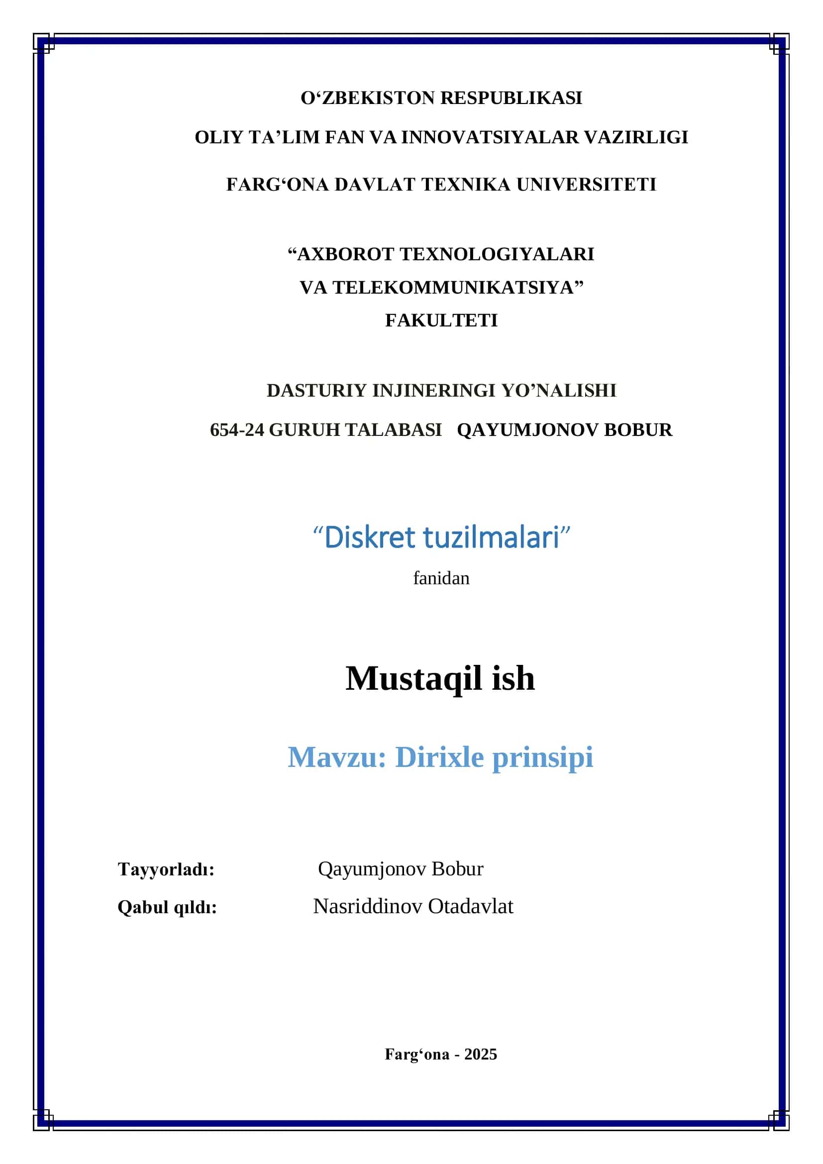 Diskret tuzilmalari Dirixle prinsipi