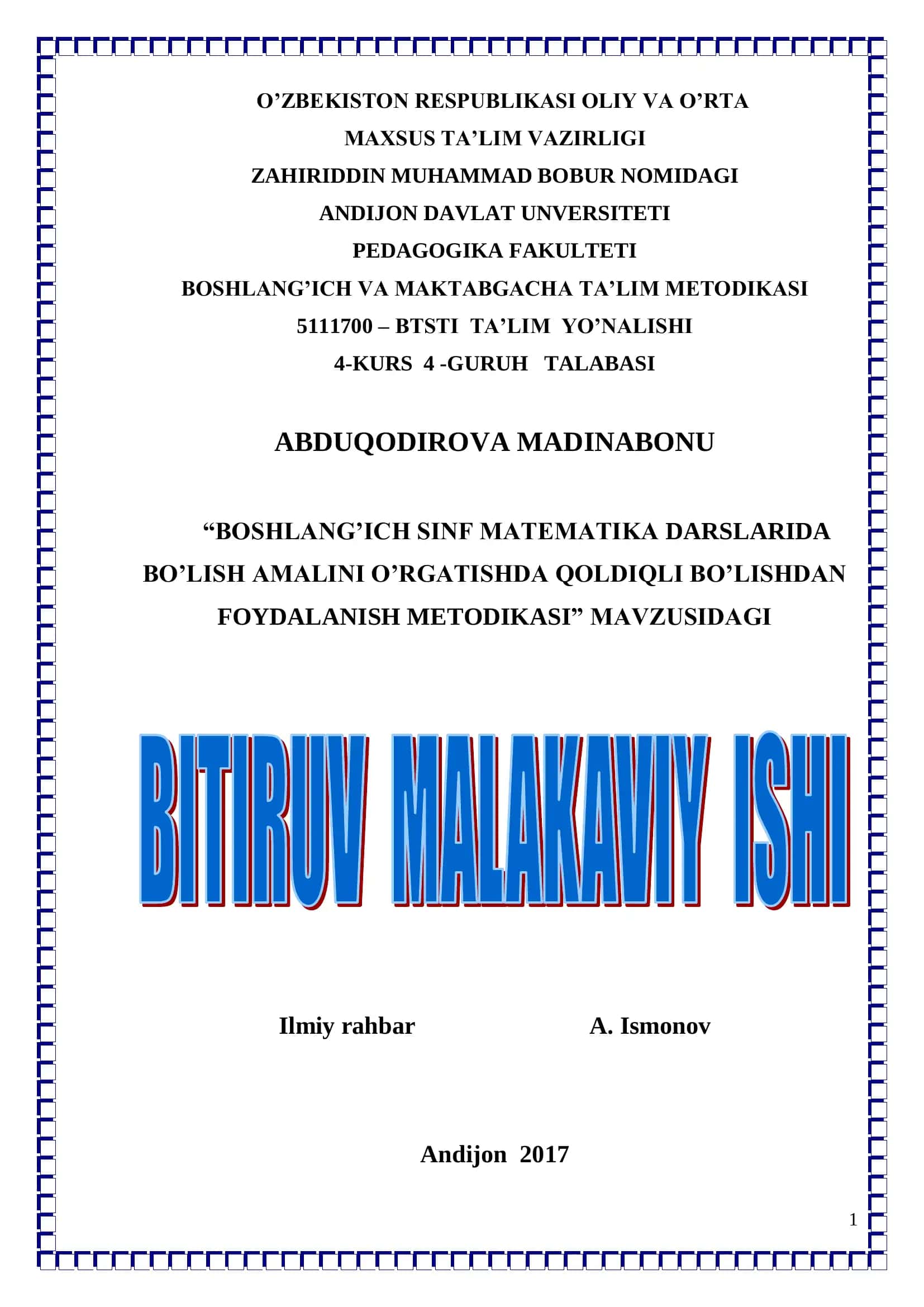 BOSHLANG’ICH SINF MATEMATIKA DARSLARIDA BO’LISH AMALINI O’RGATISHDA QOLDIQLI BO’LISHDAN