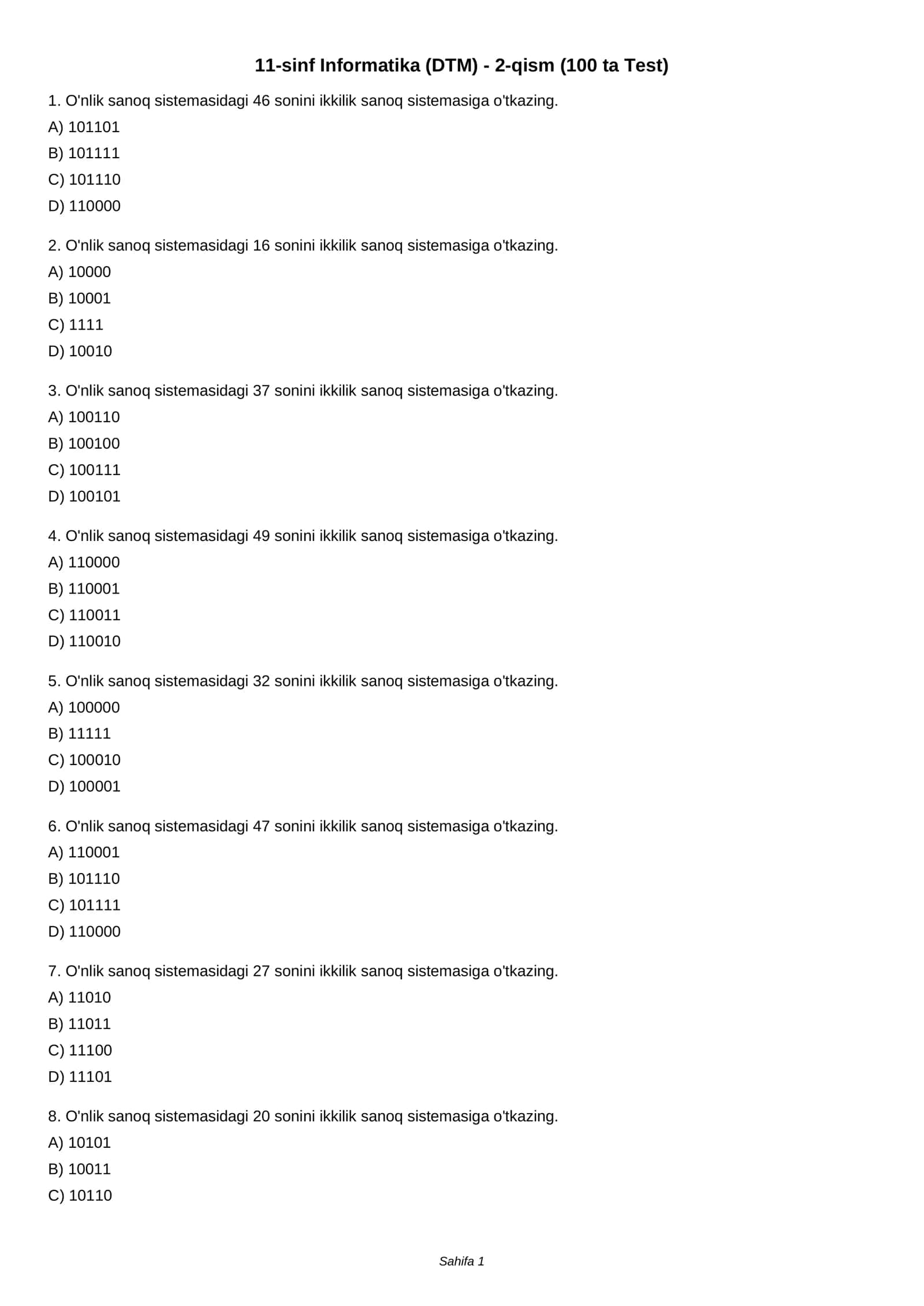 11-sinf Informatika (DTM) - 2-qism (100 ta Test)