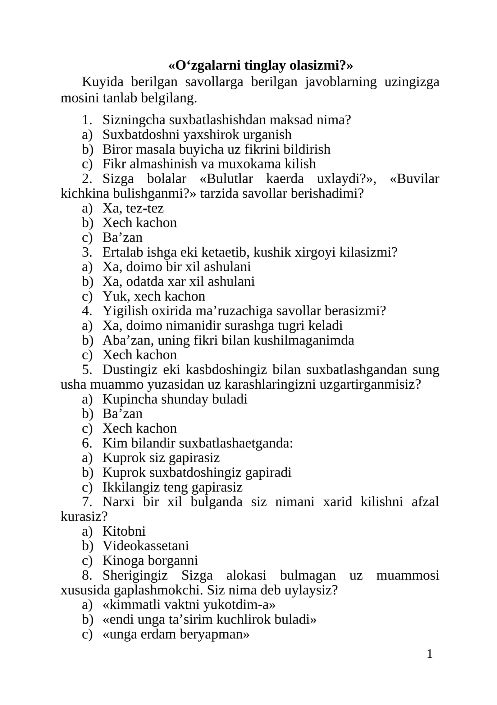 Organga yoki harbiy ishga,  o‘qishga kiradiganlar uchun Pisixolagik testlar (variant)