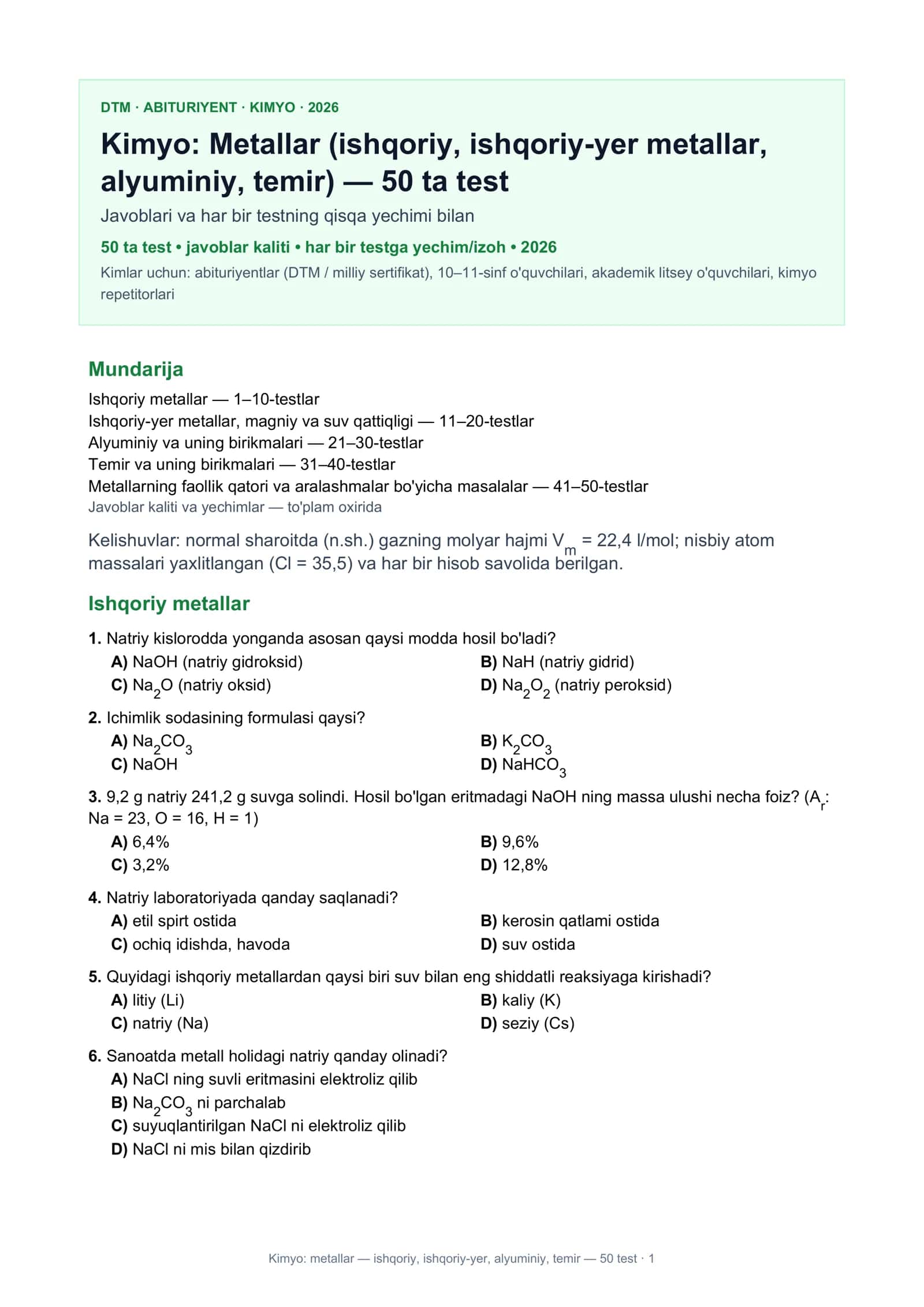 Kimyo: Metallar (ishqoriy, ishqoriy-yer, alyuminiy, temir)