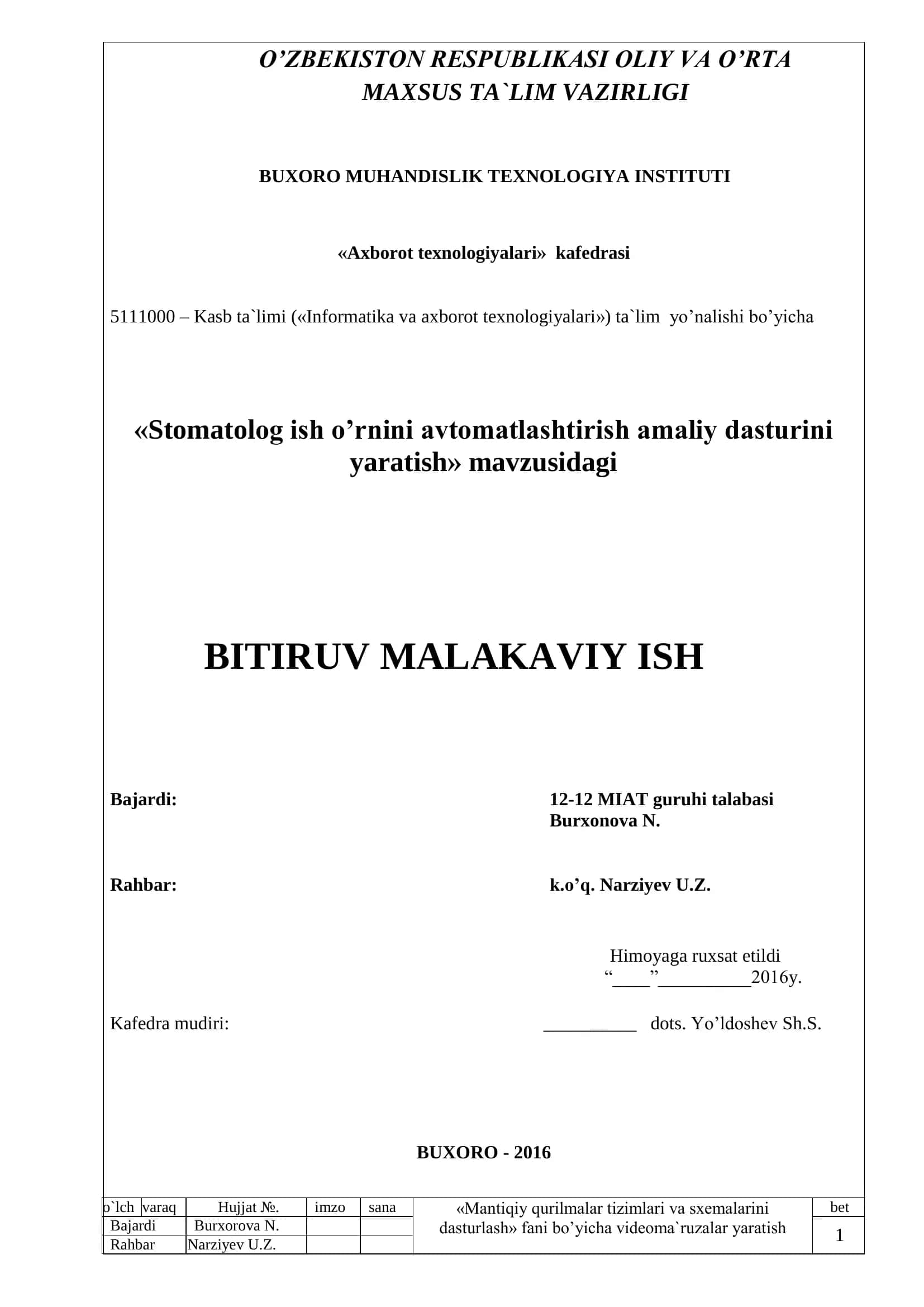 Stomatolog ish o`rnini avtomatlashtirish amaliy dasturini yaratish