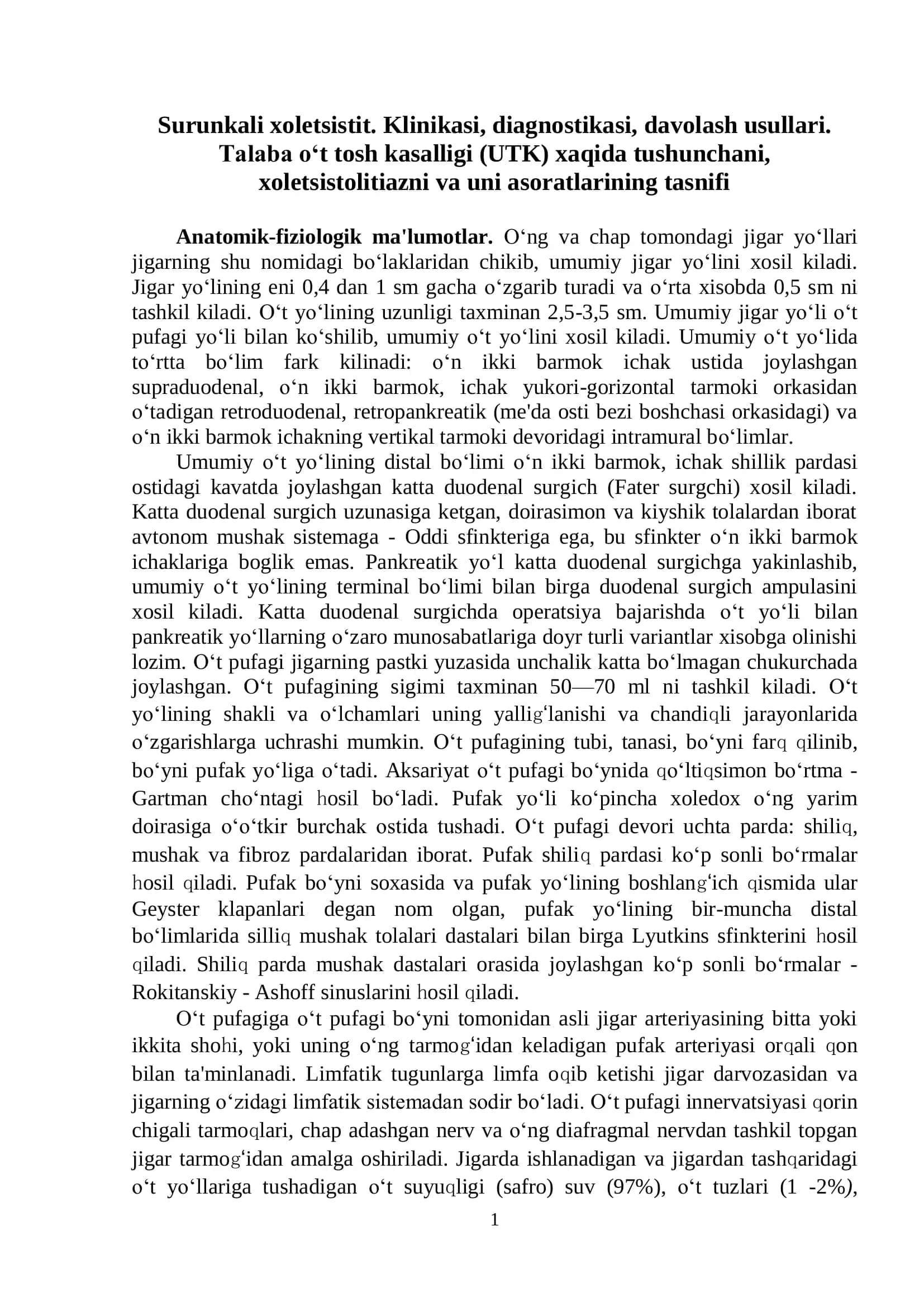 Surunkali xoletsistit. Klinikasi, diagnostikasi, davolash usullari