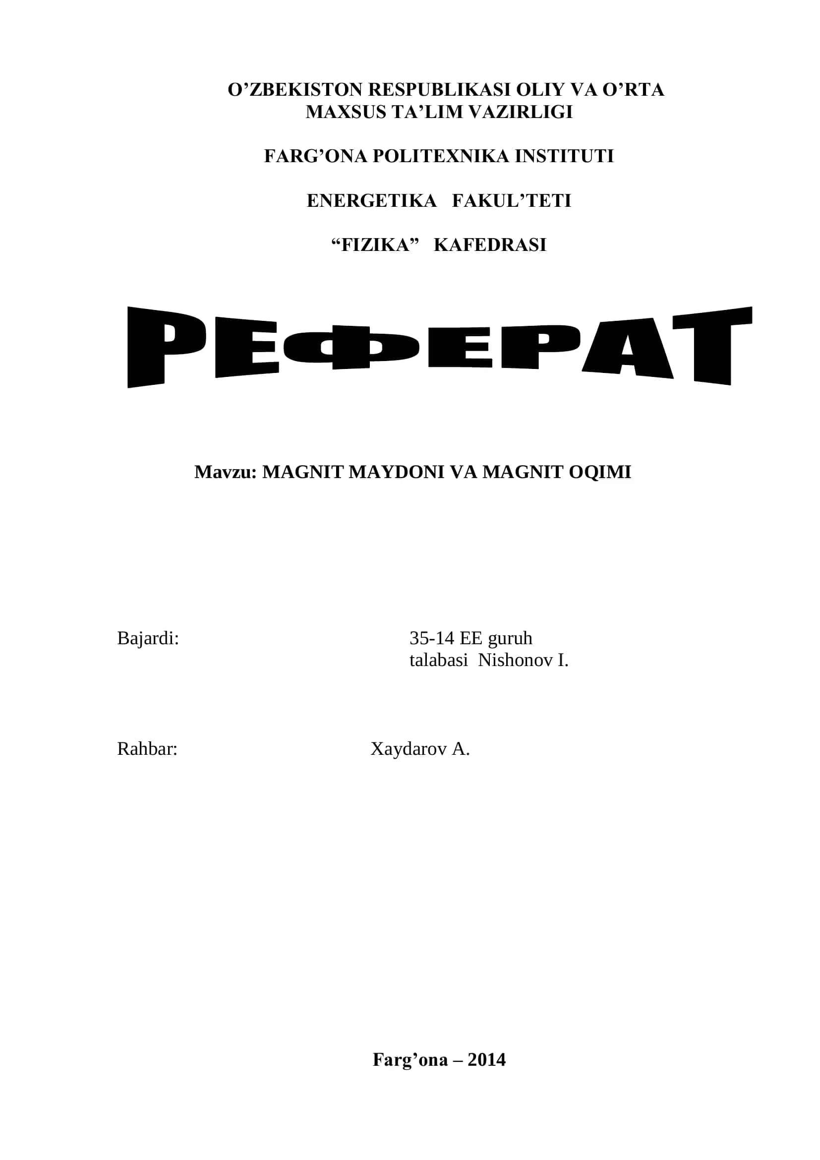 MAGNIT MAYDONI VA MAGNIT OQIMI
