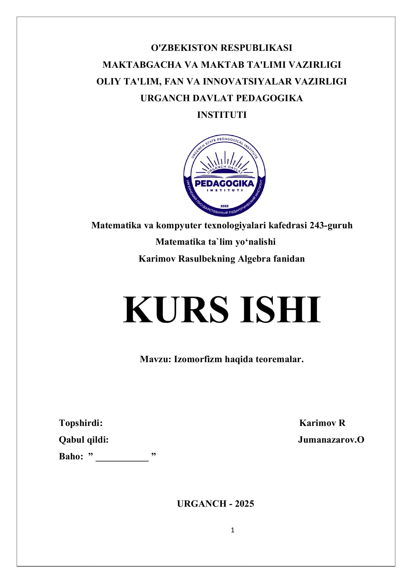 Izomorfizm haqida teoremalar KURS ISHI