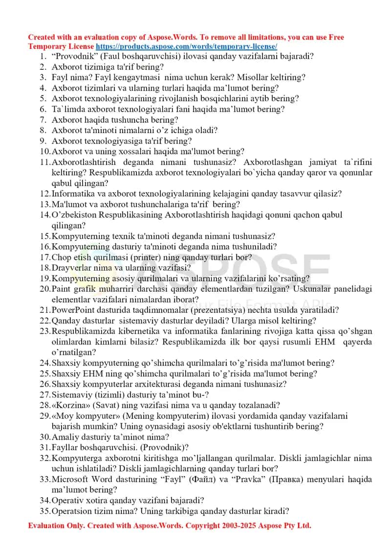 Axborot texnologiyalari fanidan mustaqil ish savollari to‘plami