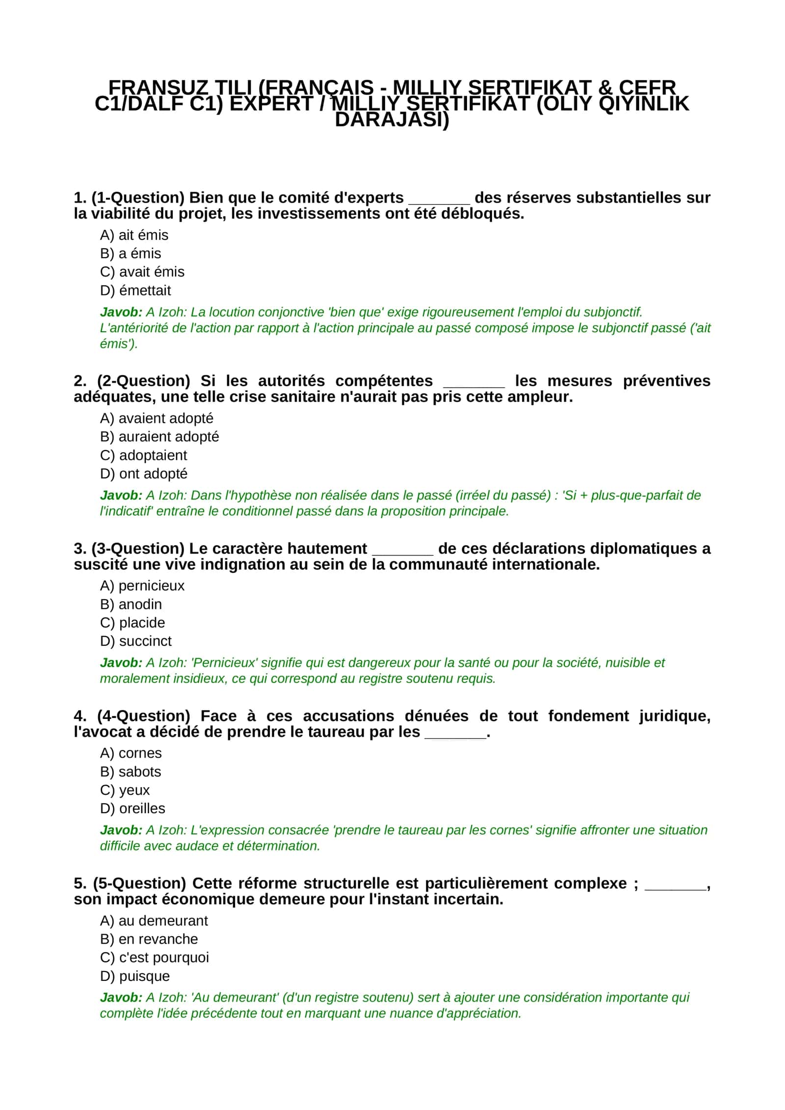FRANSUZ TILI (FRANÇAIS - MILLIY SERTIFIKAT & CEFR C1/DALF C1) EXPERT / MILLIY SERTIFIKAT (OLIY QIYINLIK DARAJASI)