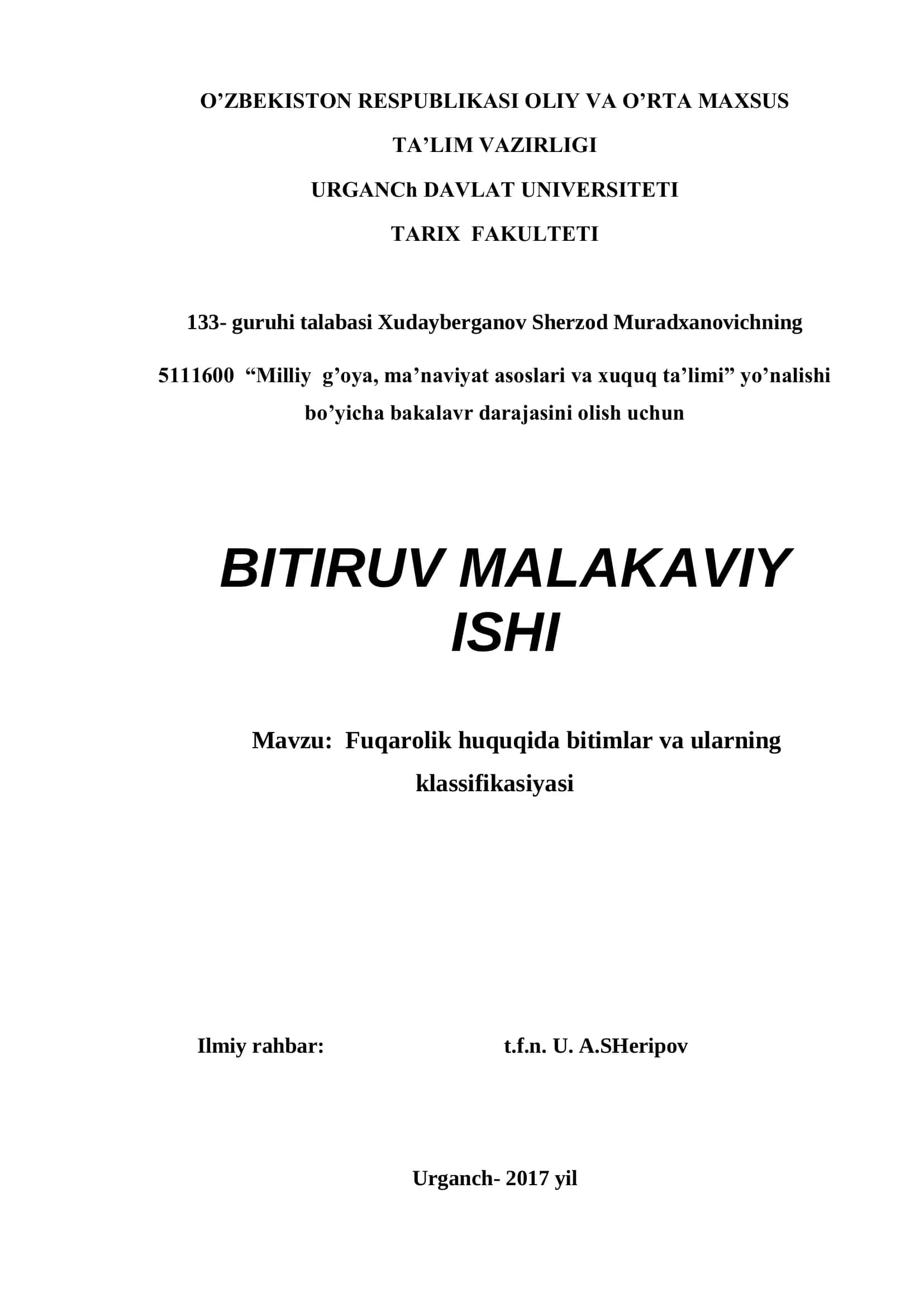 Fuqarolik huquqida bitimlar va ularning klassifikasiyasi