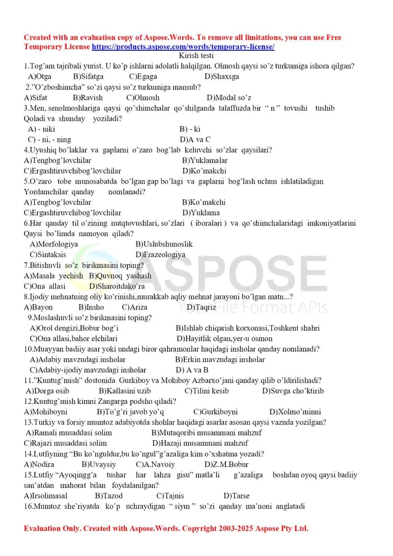 Ona tilidan 8-sinf uchun test