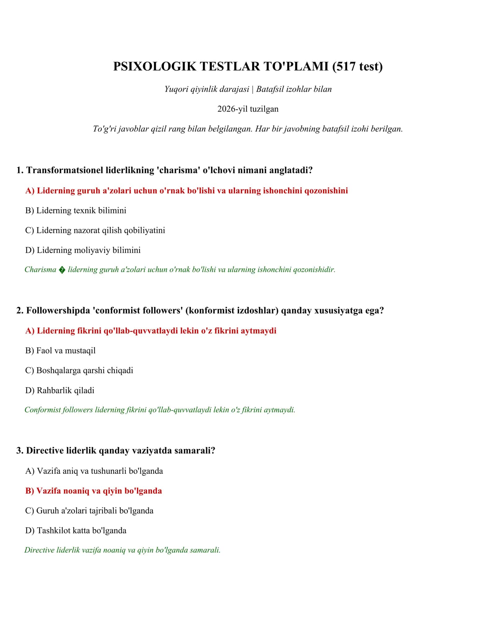 PSIXOLOGIK TESTLAR TO'PLAMI (517 test)