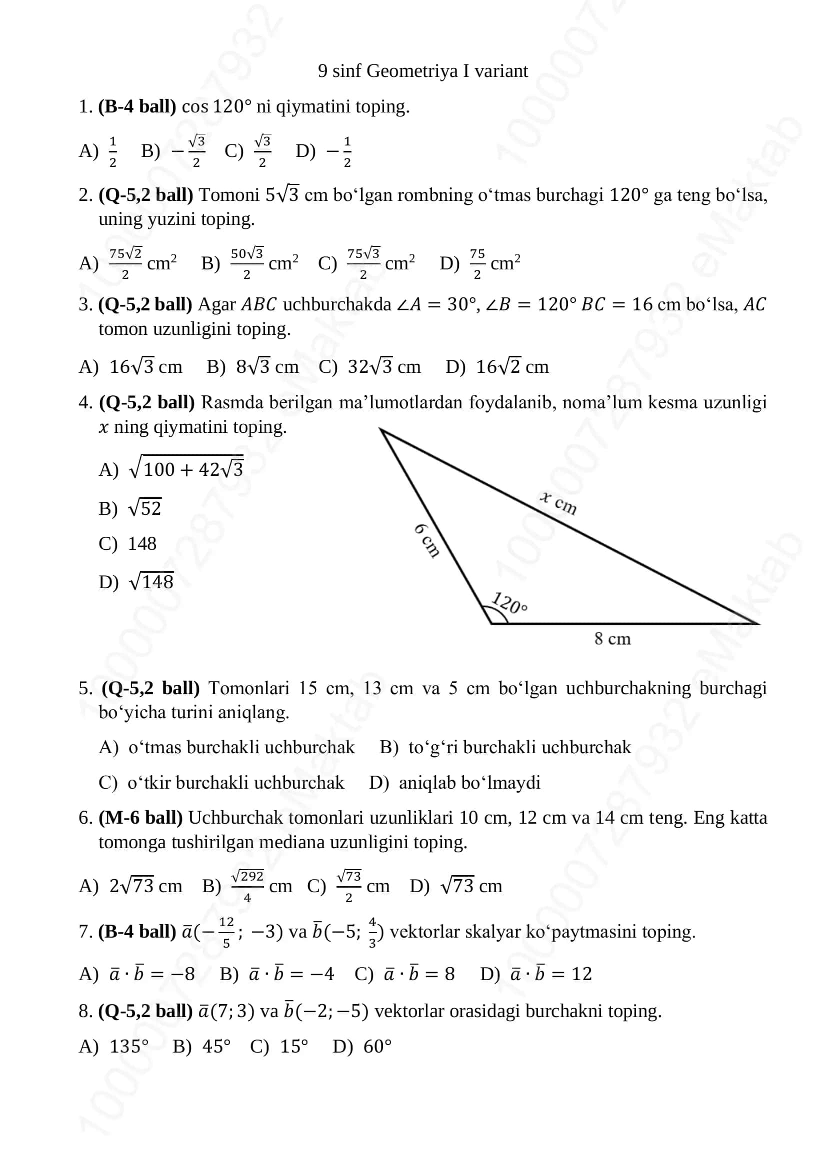 9 sinf Geometriya I variant