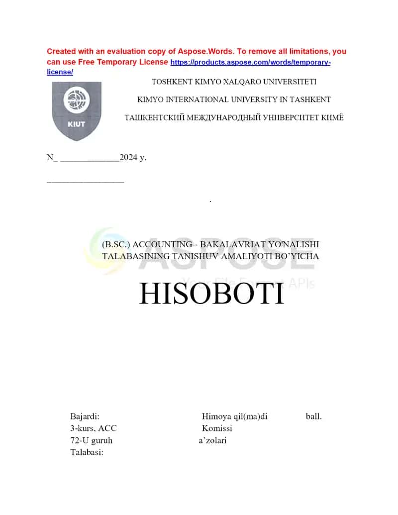AMALIYOT HISOBOTI. Tashkilot shakli : Umumiy ovqatlanish (XO‘jalik yurituvchi subyekt)