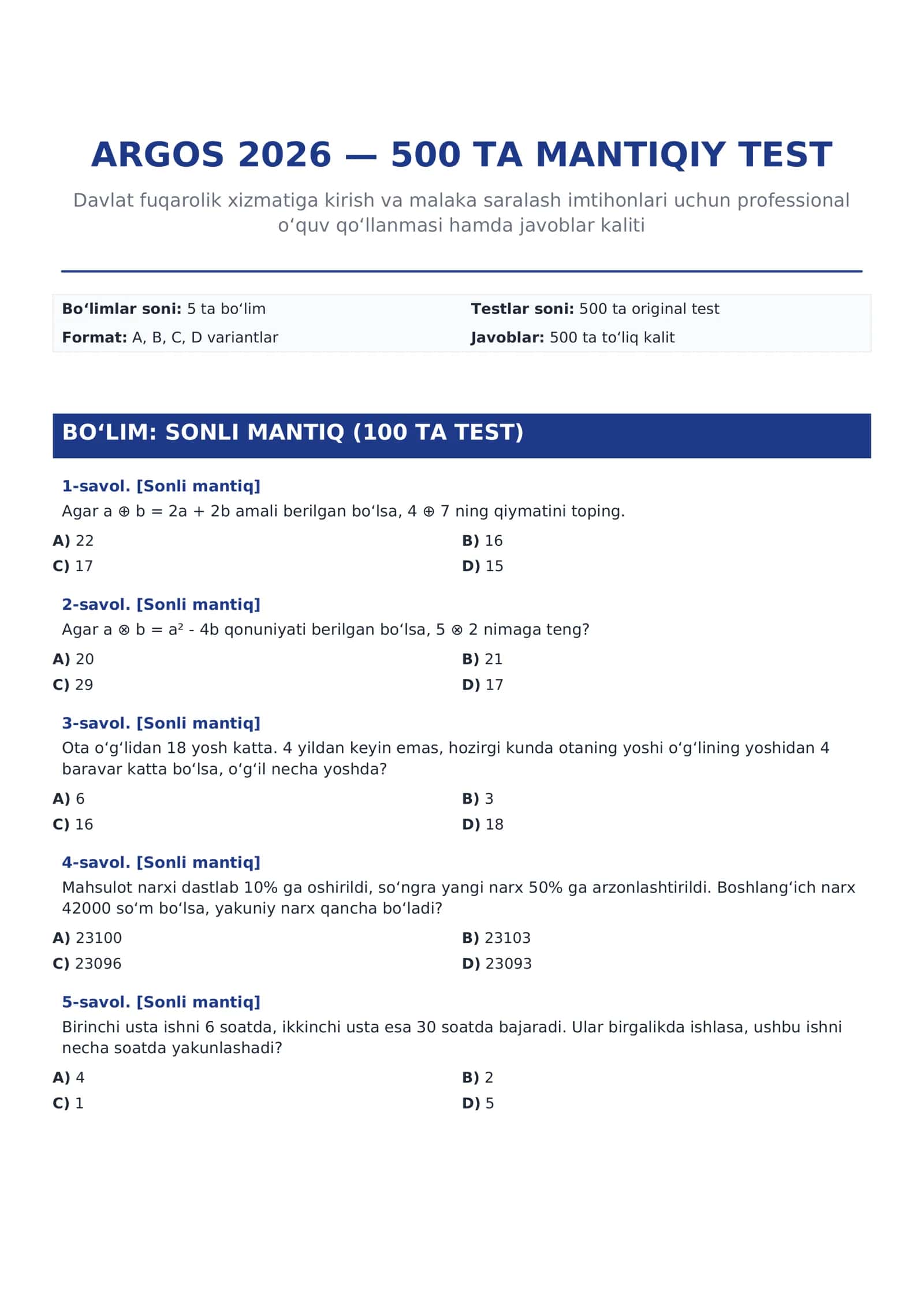 ARGOS 2026 — 500 TA MANTIQIY TEST | Javoblar bilan