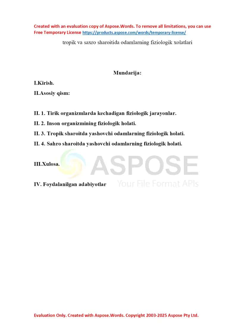 Tropik va saxro sharoyitida odamlarning fiziyologik xolatlari