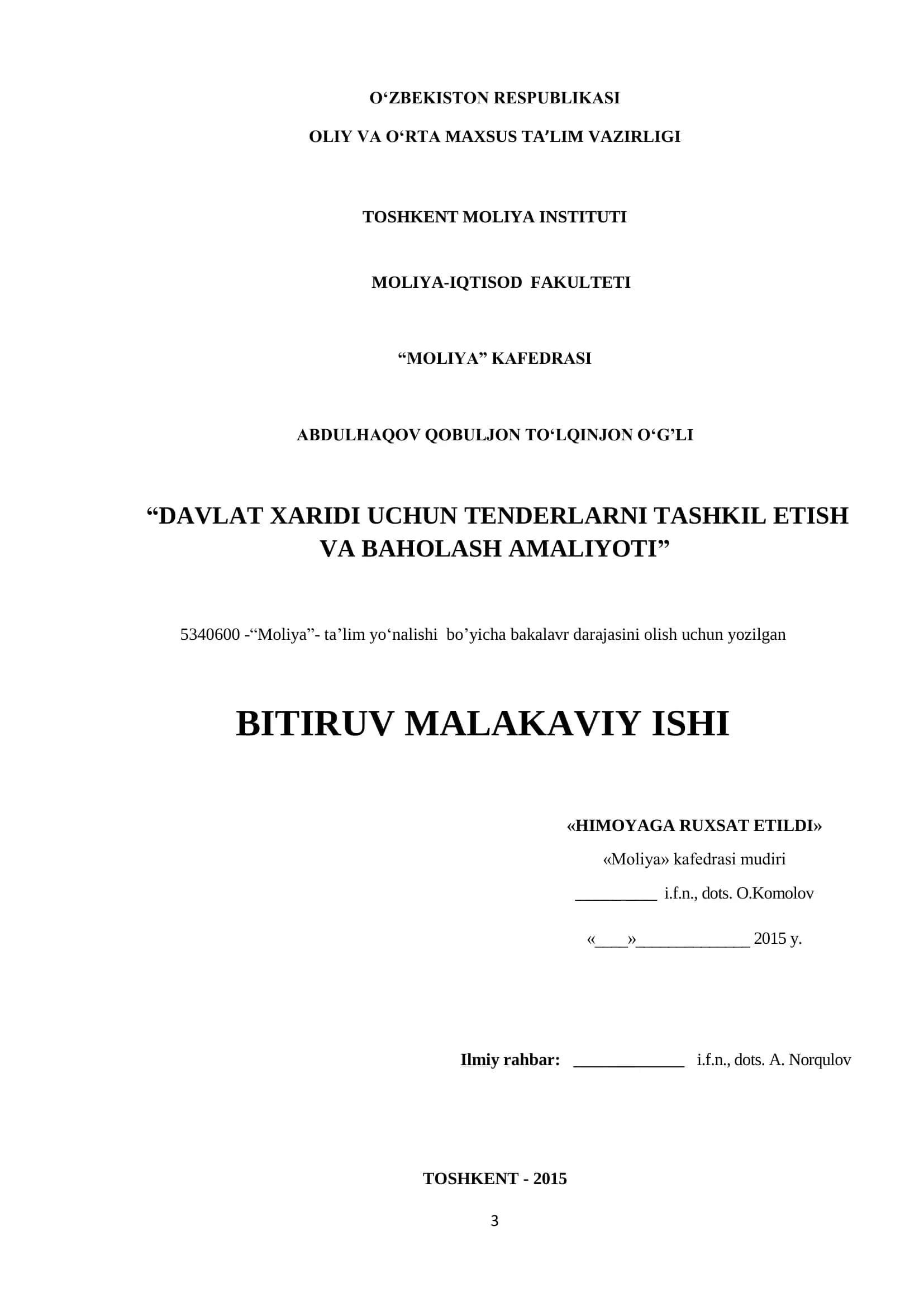 DAVLAT XARIDI UCHUN TENDERLARNI TASHKIL ETISH VA BAHOLASH AMALIYOTI