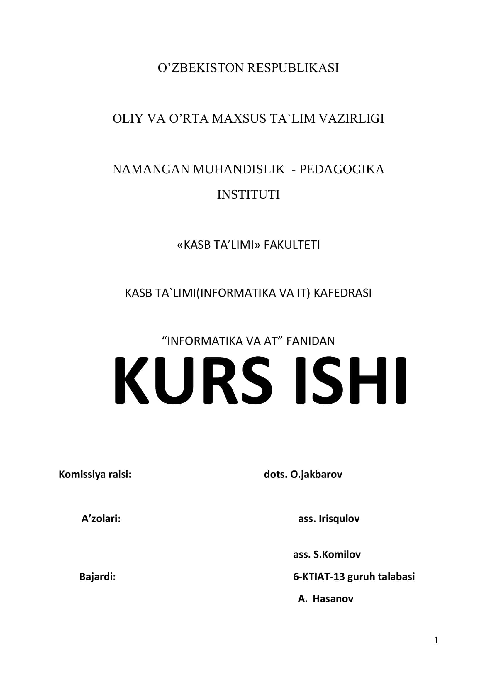Kurs ishi "Informatika va axborot texnologiyalari" fani bo’yicha