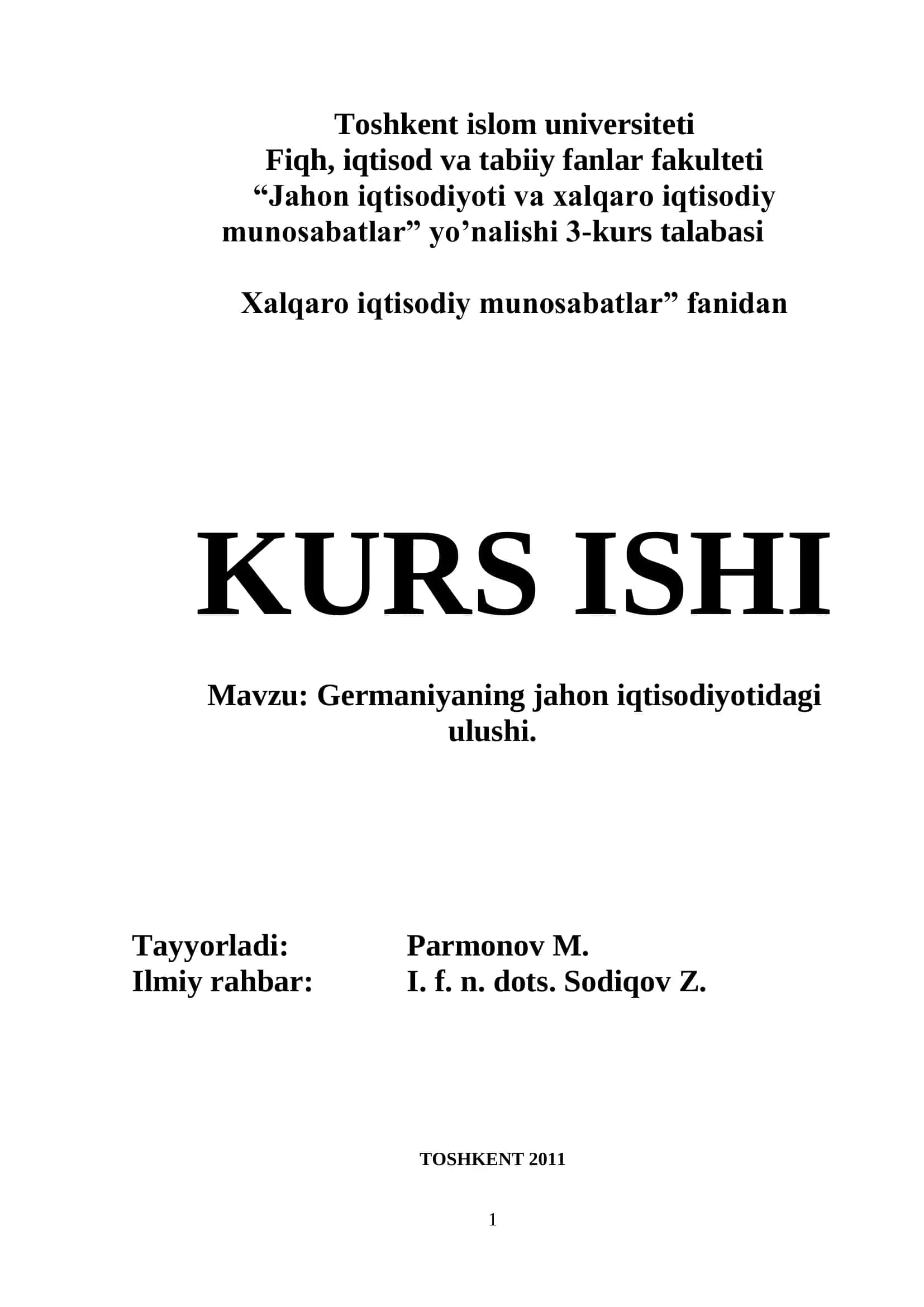 "Jahon iqtisodiyoti va xalqaro iqtisodiy munosabatlar" KURS ISHI