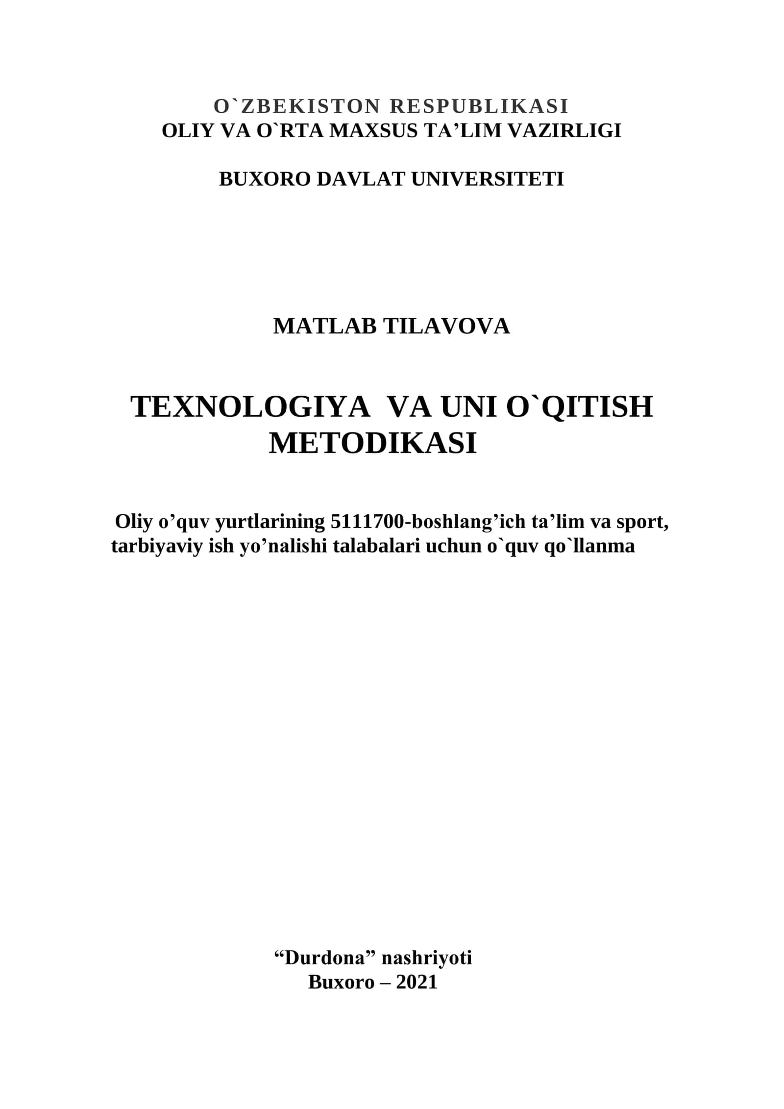 Texnologiya va uni o`qitish metodikasi