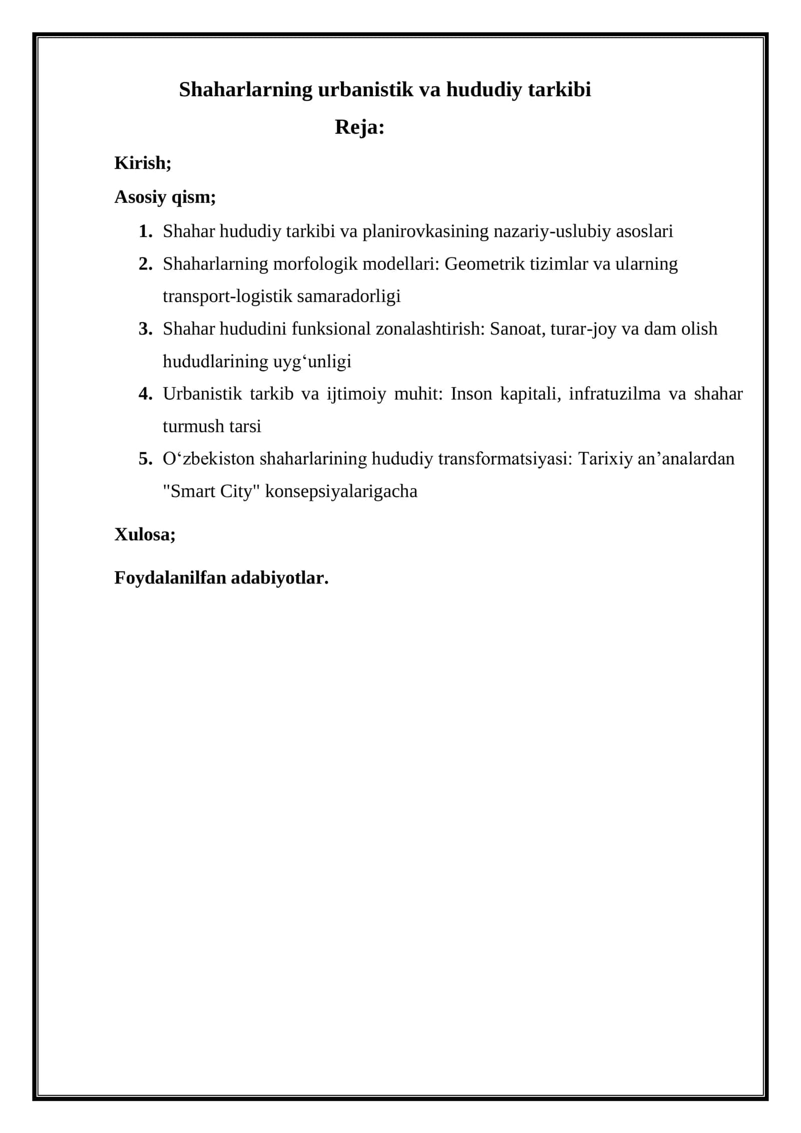 Shaharlarning urbanistik va hududiy tarkibi