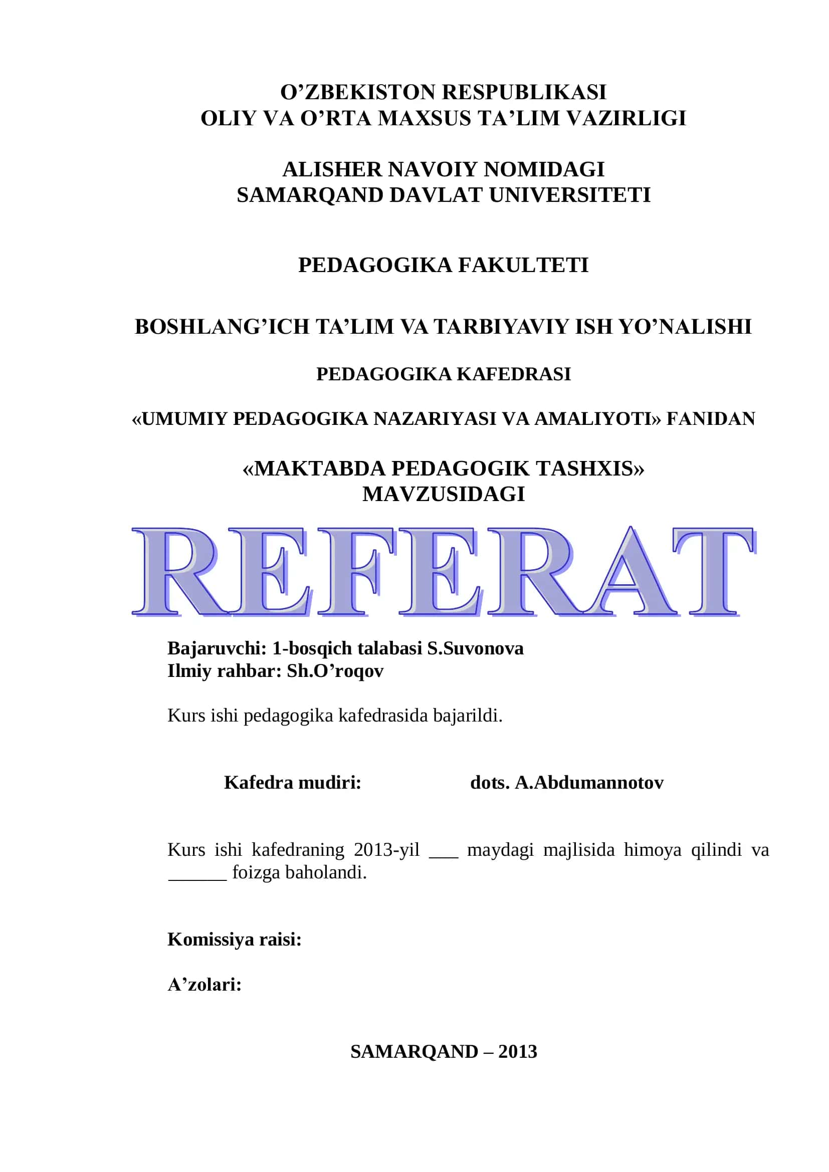 MAKTABDA PEDAGOGIK TASHXIS