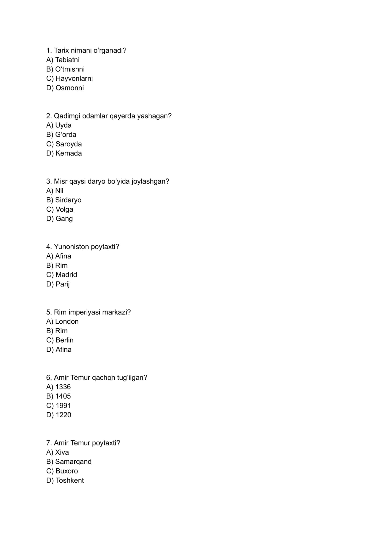 Tarix fanidan test savollari