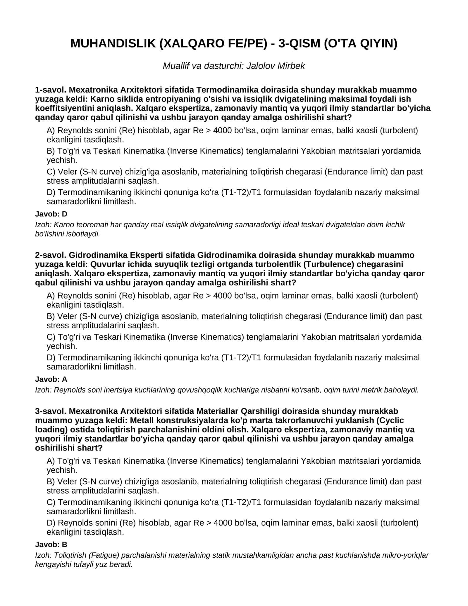 MUHANDISLIK (XALQARO FE/PE) - 3-QISM (O'TA QIYIN)