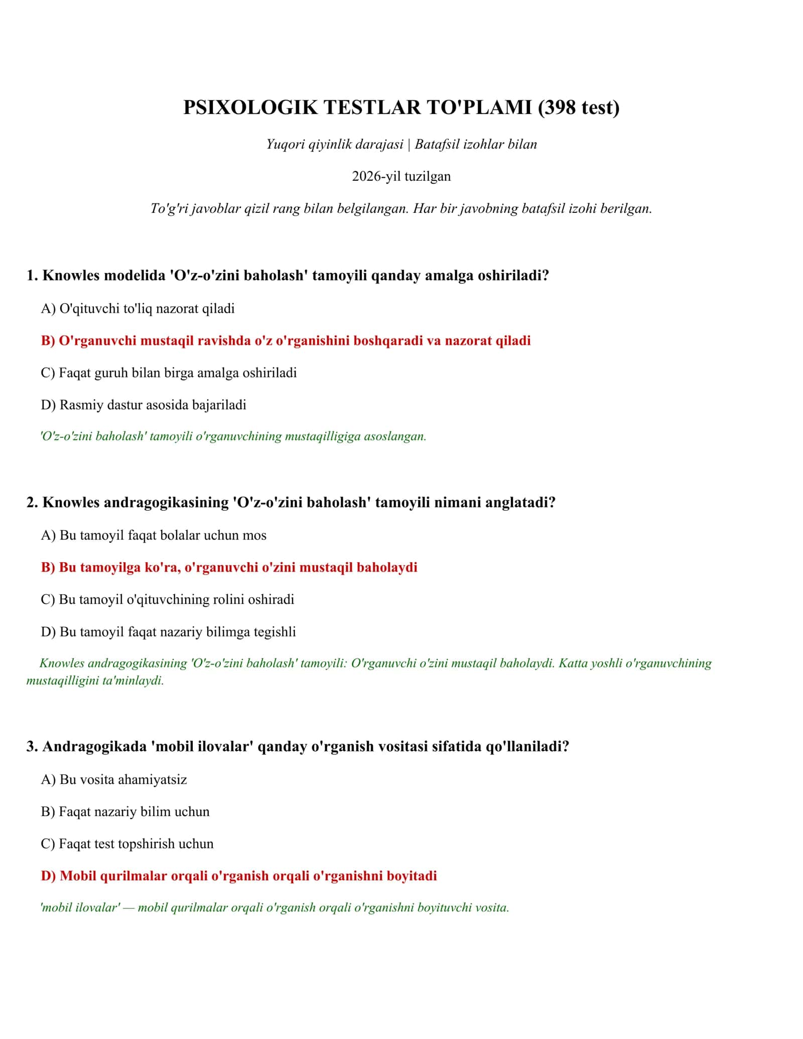 PSIXOLOGIK TESTLAR TO'PLAMI (398 test)