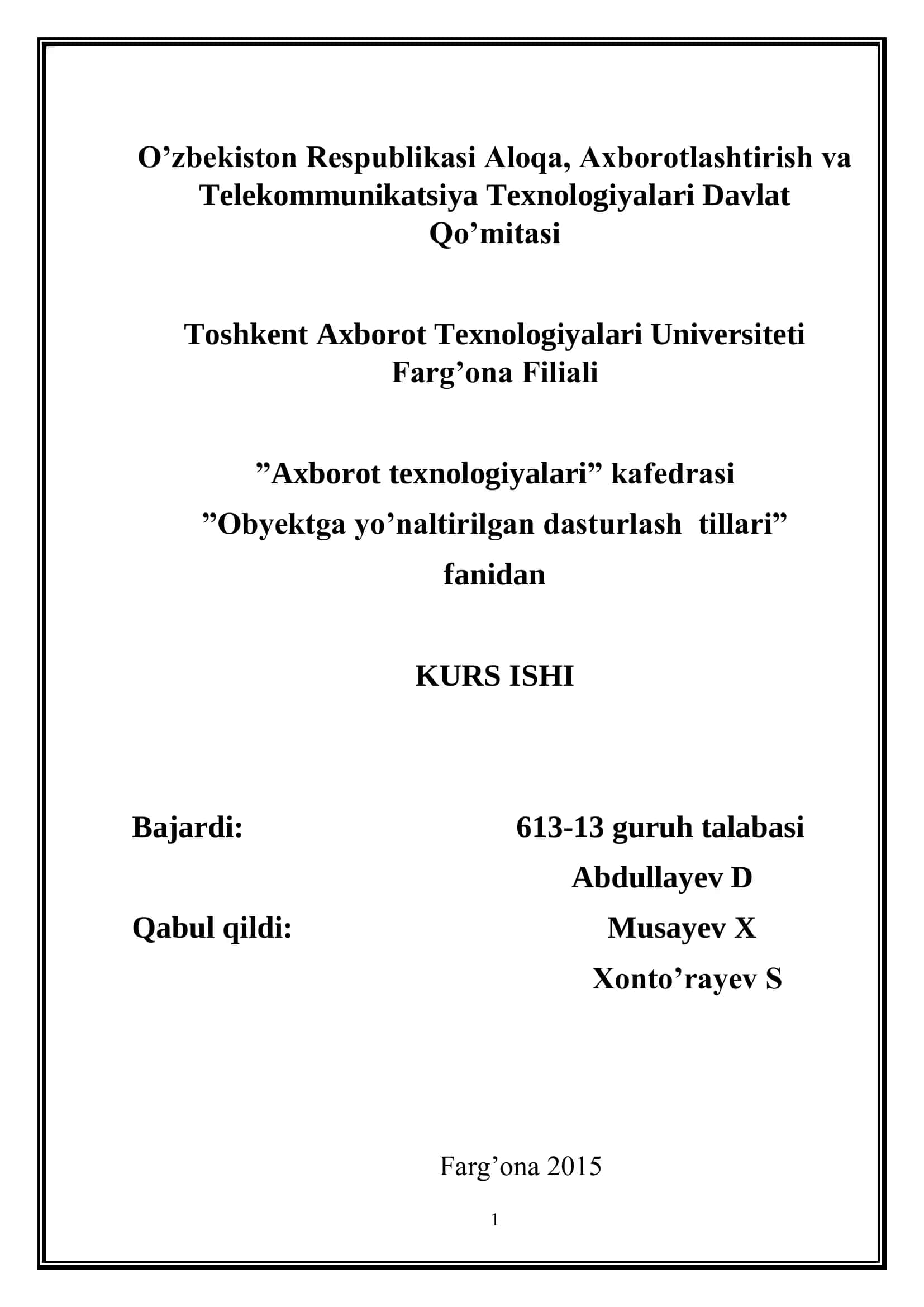 Ma‟lumotlar bazasini yaratish va uni C++ Bulder dasturigabog„lash