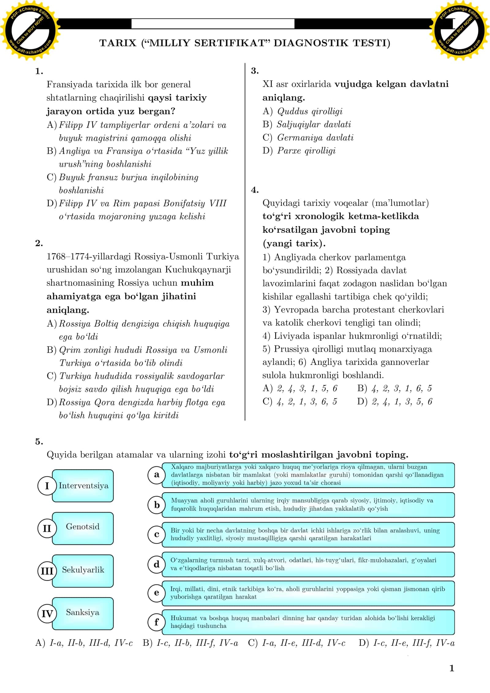 TARIX (“MILLIY SERTIFIKAT” DIAGNOSTIK TESTI)