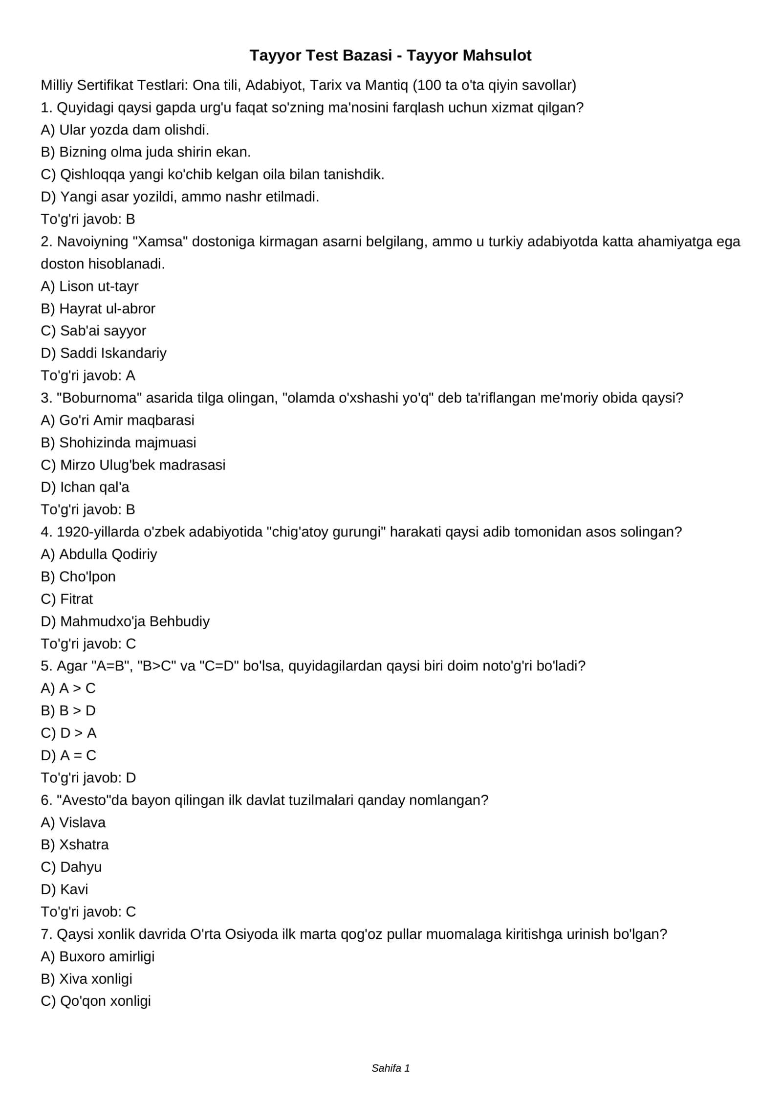 Tayyor Test Bazasi - Tayyor Mahsulot