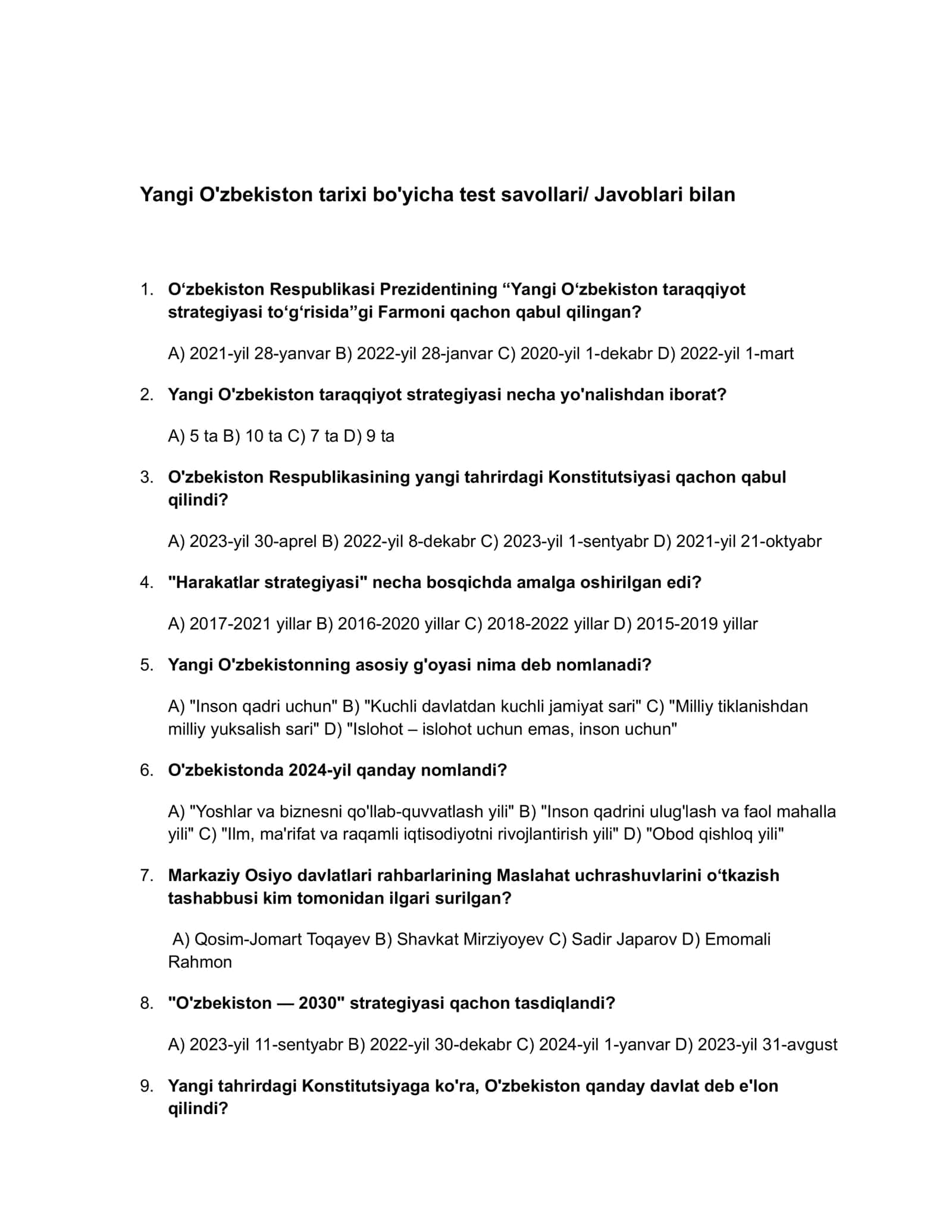 O'zbekiston eng yangi tarixi test 2026 + Javobi bilan
