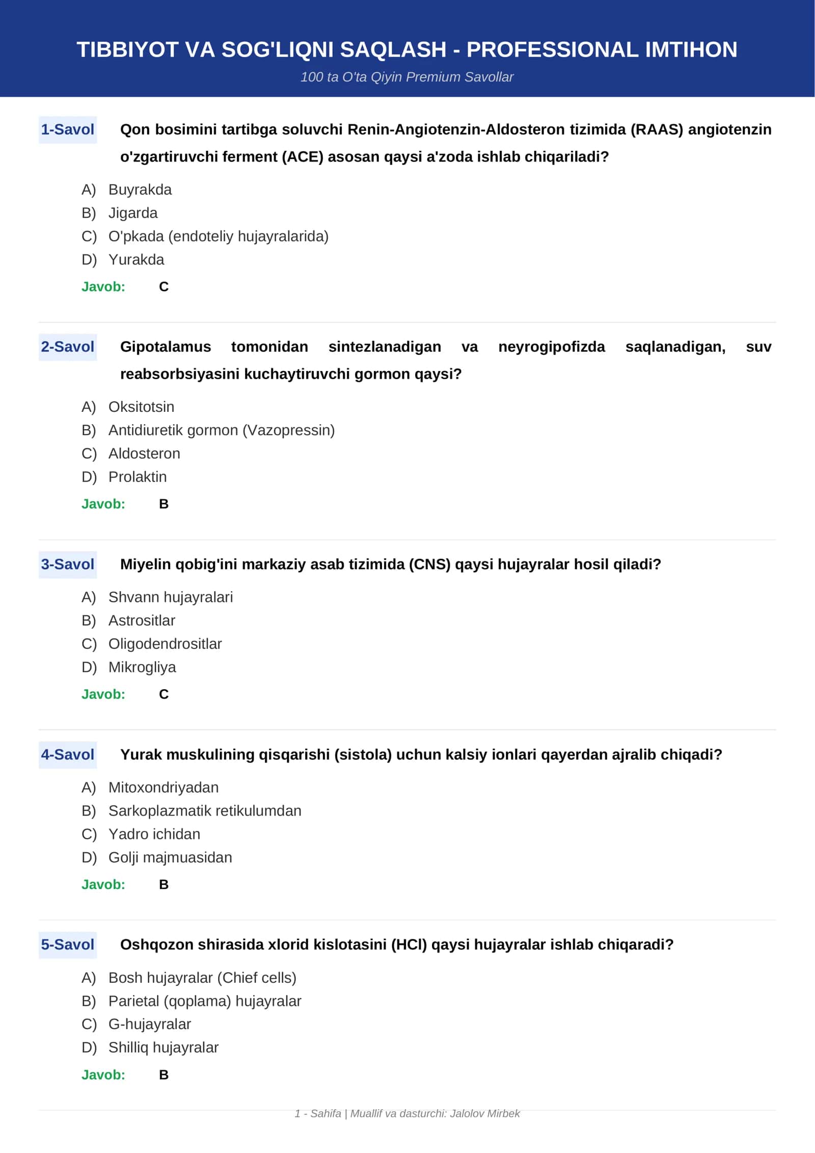 TIBBIYOT VA SOG'LIQNI SAQLASH - PROFESSIONAL IMTIHON