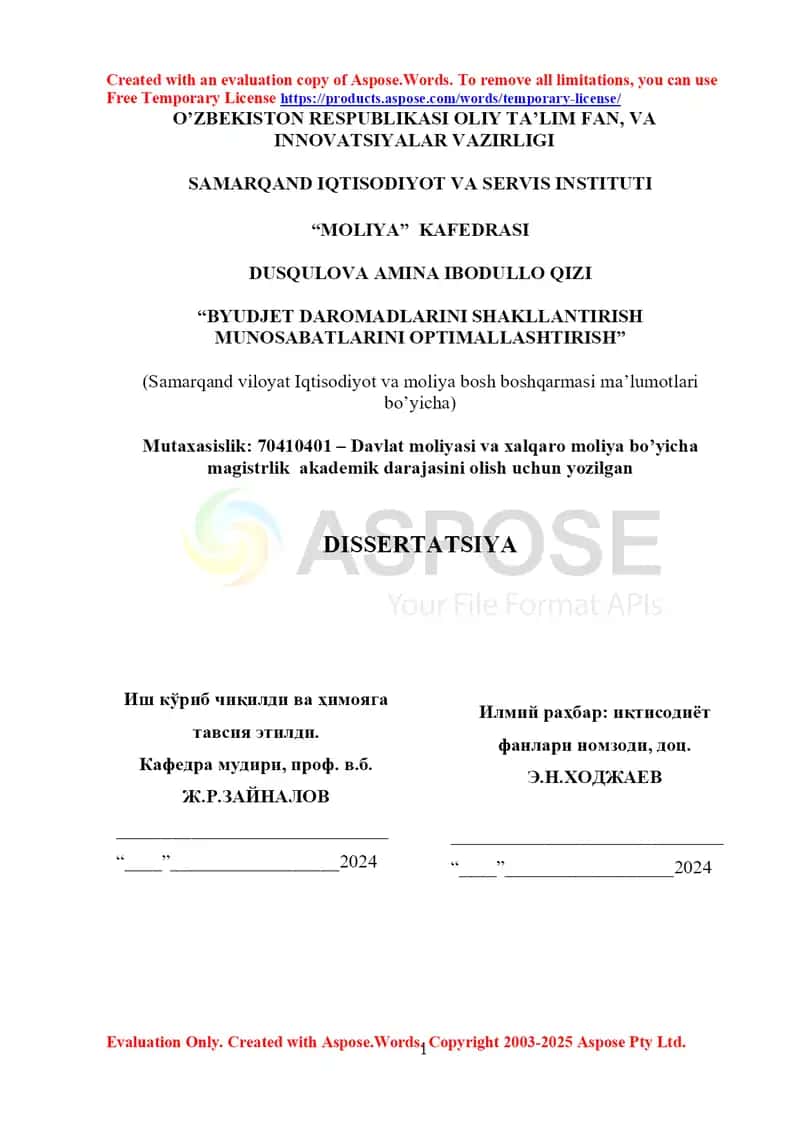 BYUDJET DAROMADLARINI SHAKLLANTIRISH MUNOSABATLARINI OPTIMALLASHTIRISH