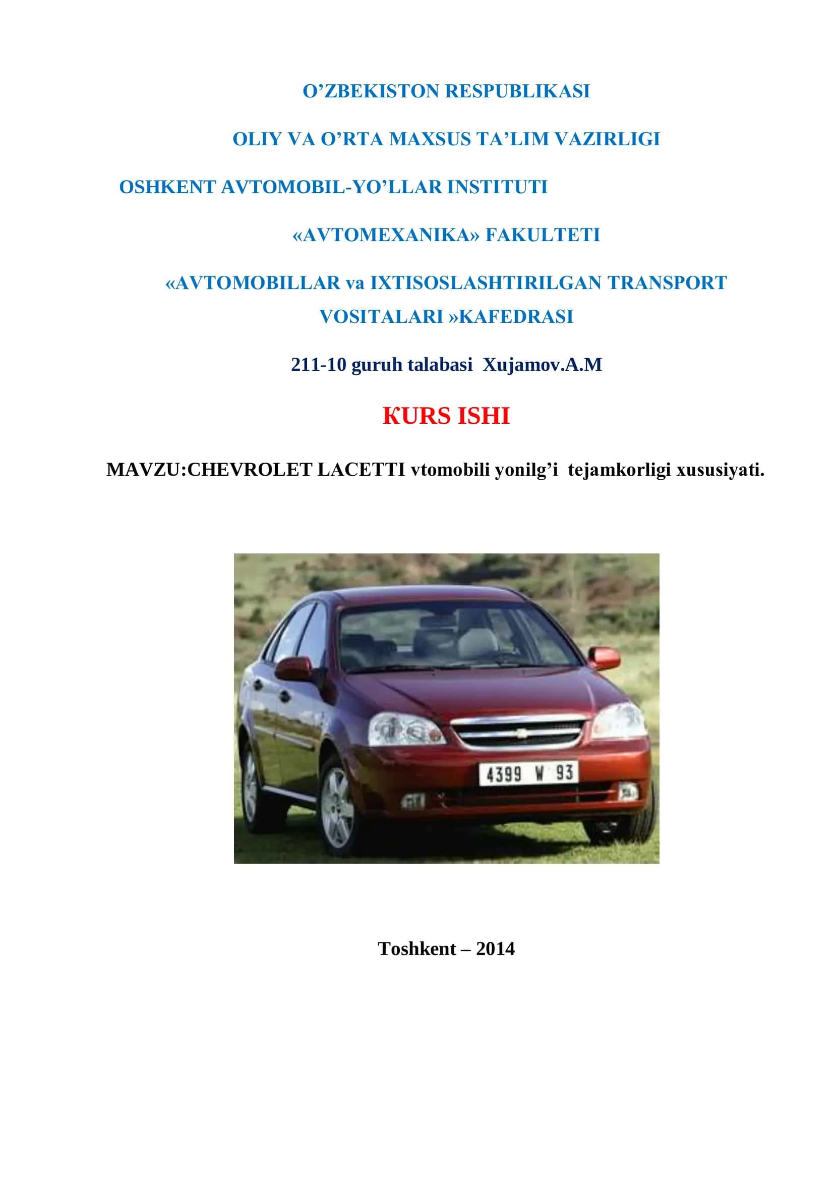 CHEVROLET LACETTI vtomobili yonilg’i tejamkorligi xususiyati