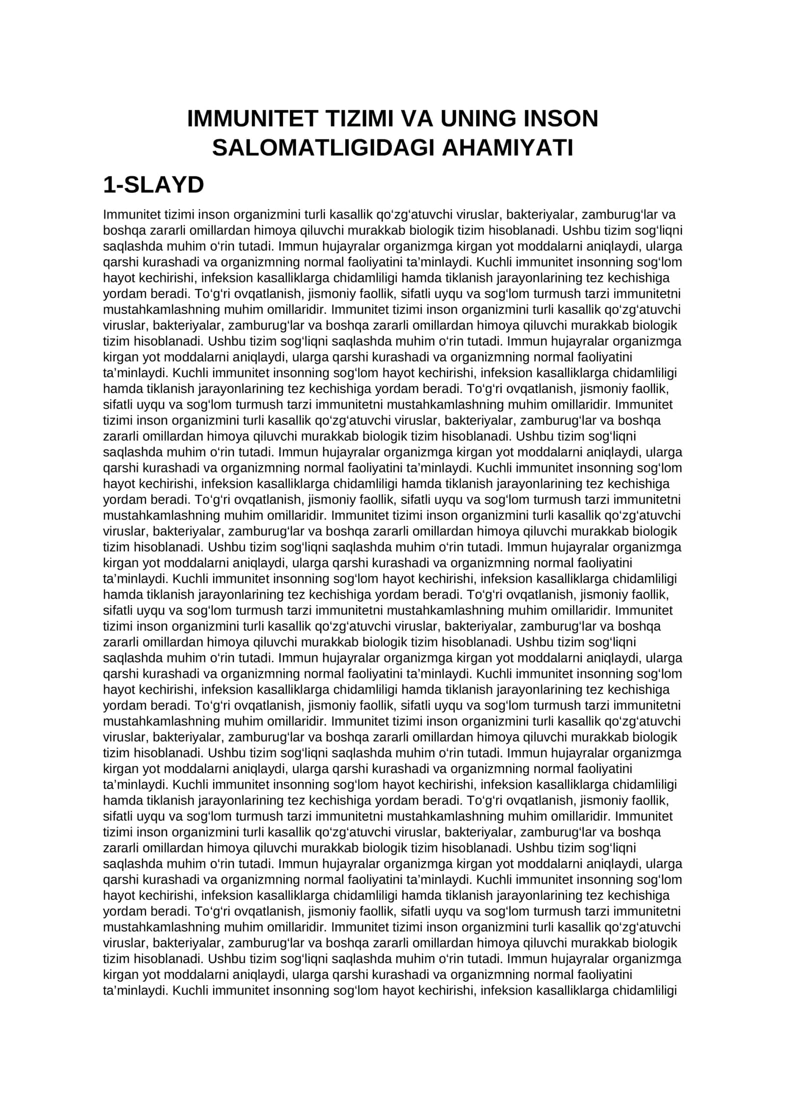 IMMUNITET TIZIMI VA UNING INSON SALOMATLIGIDAGI AHAMIYATI 1-SLAYD