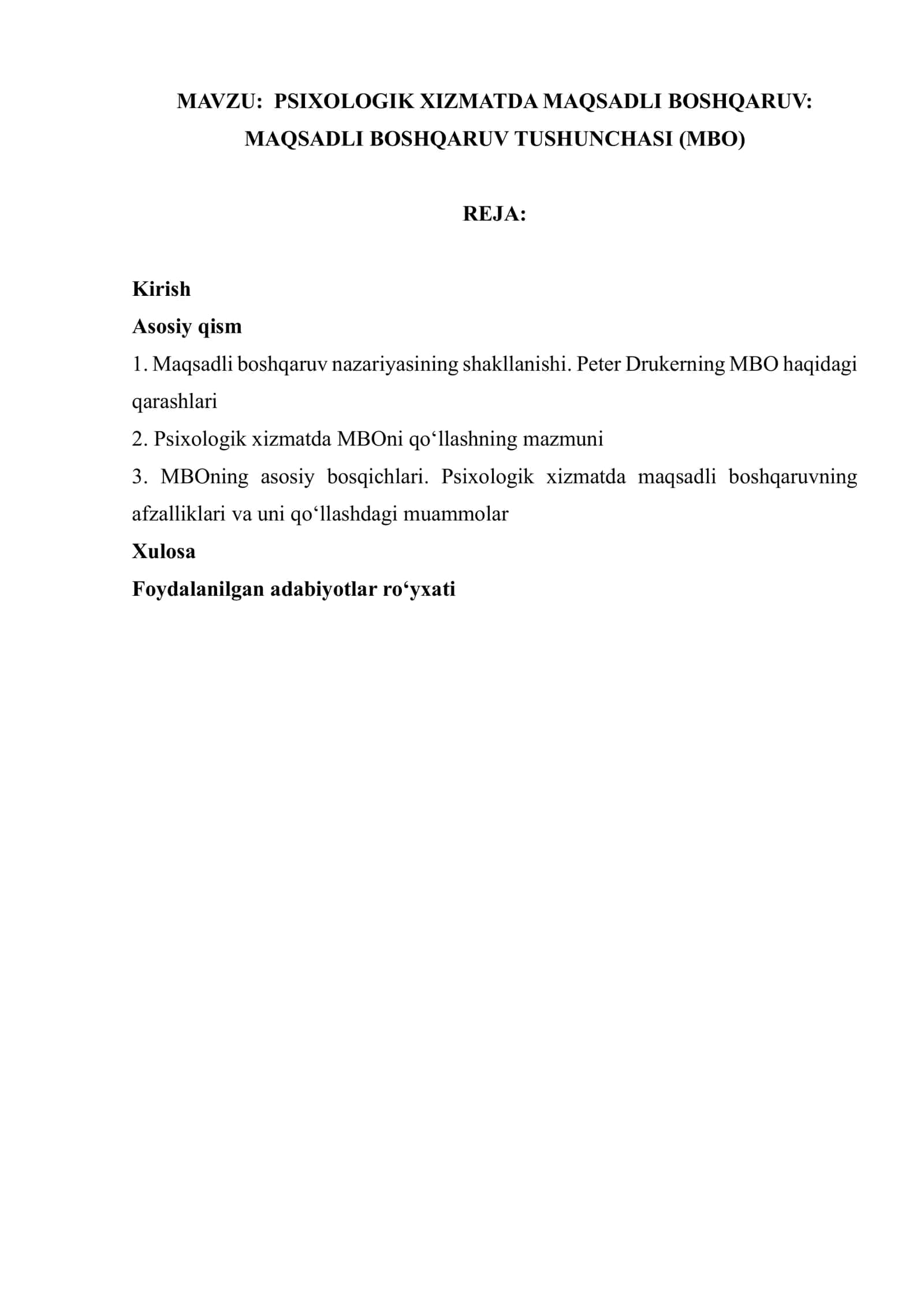 PSIXOLOGIK XIZMATDA MAQSADLI BOSHQARUV MAQSADLI BOSHQARUV TUSHUNCHASI (MВO)
