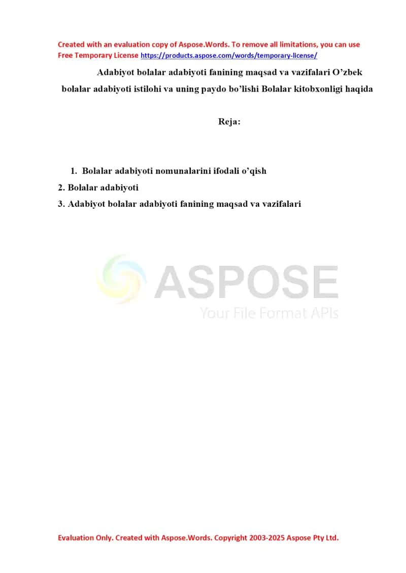 Adabiyot bolalar adabiyoti fanining maqsad va vazifalari O’zbek bolalar adabiyoti istilohi va uning paydo bo’lishi Bolalar kitobxonligi haqida
