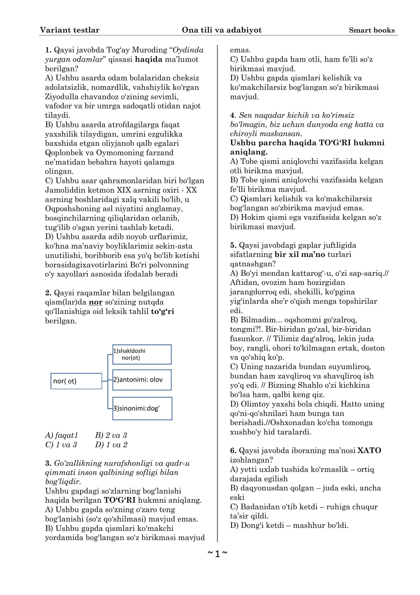Variant testlar Ona tili va adabiyot Smart books