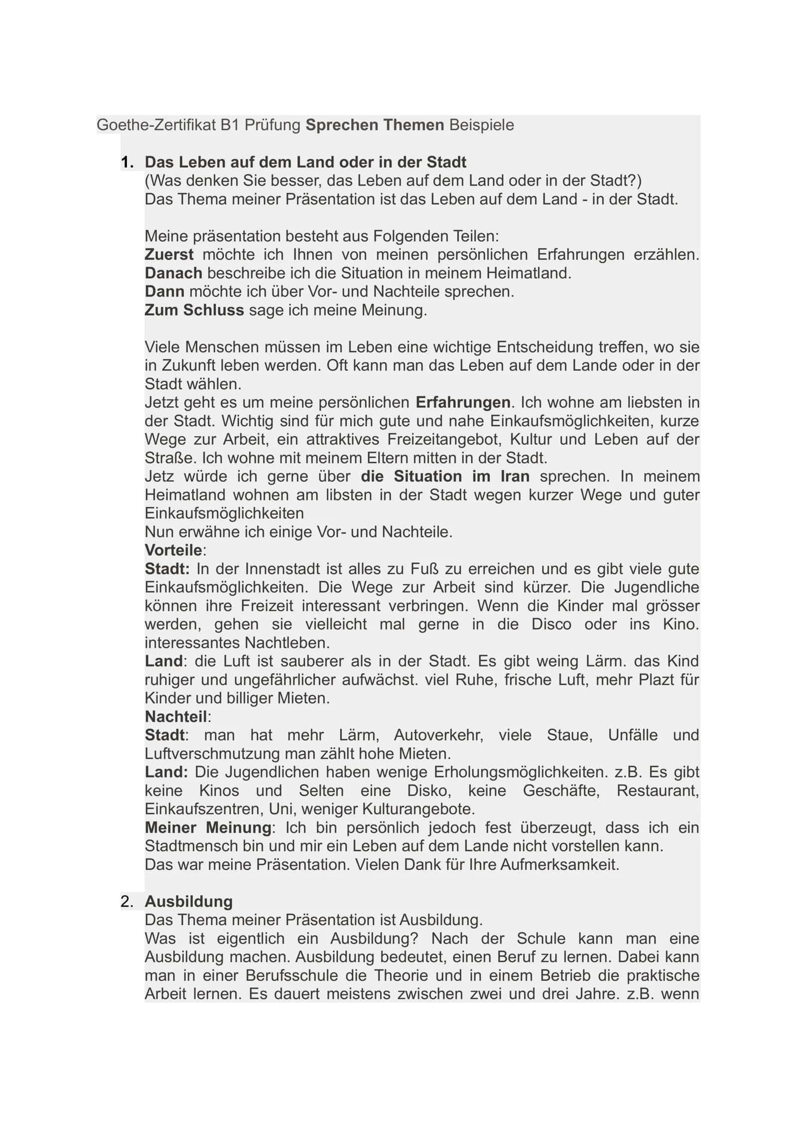 Goethe B1 sprechen themen