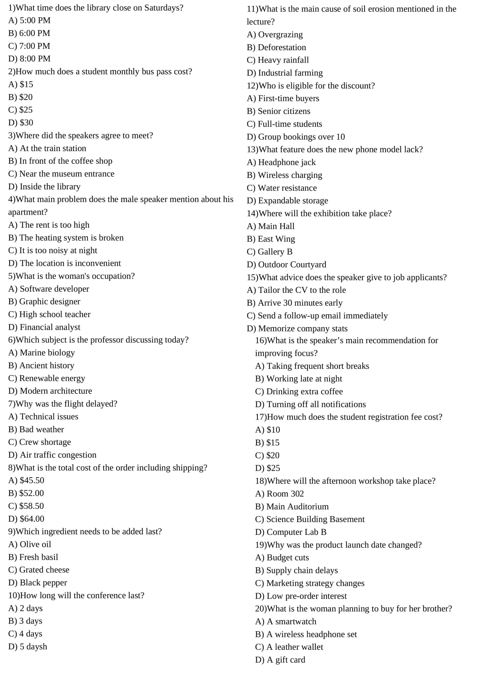 English Listening Practice Test (20 Questions with Answers)