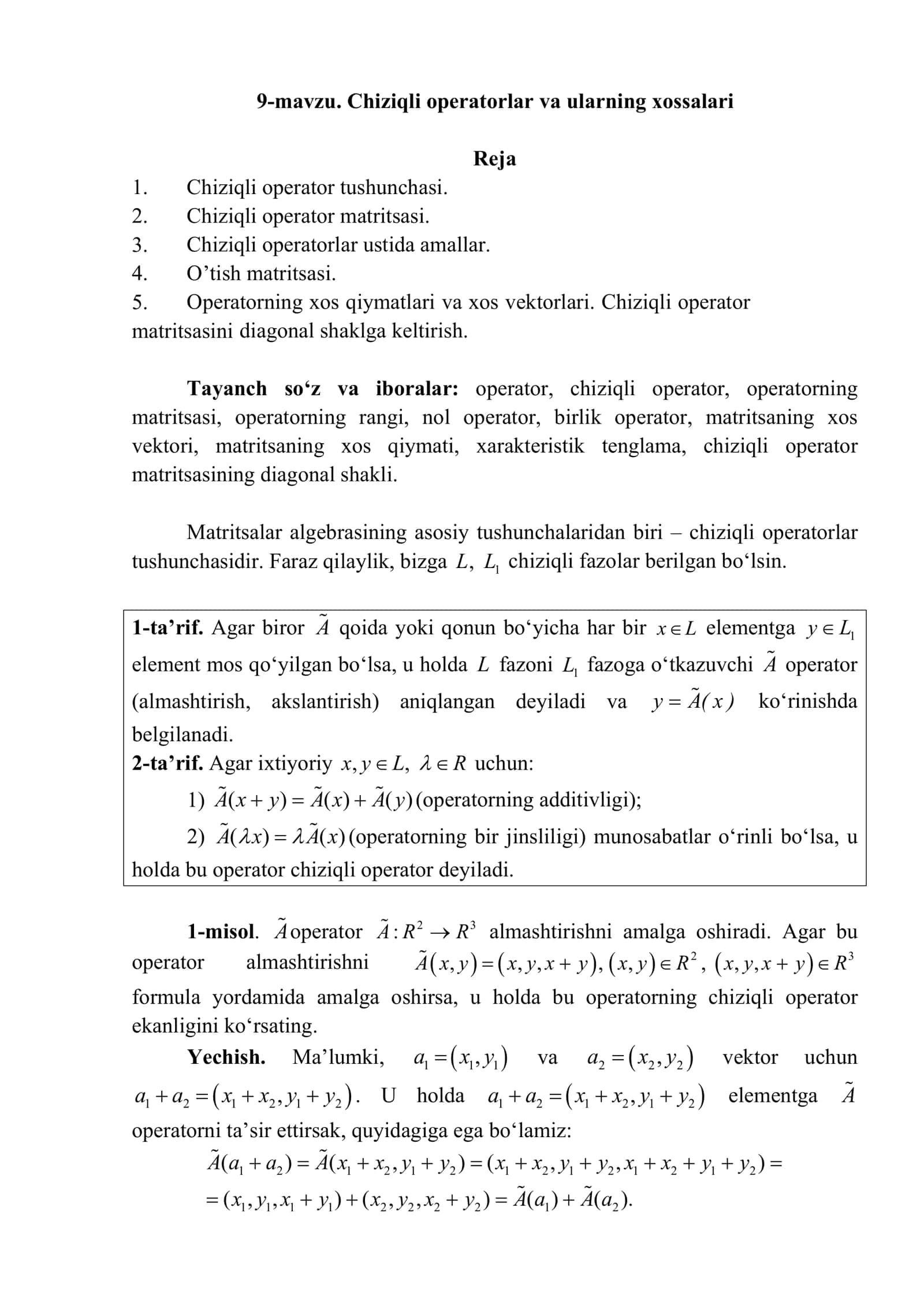 9-mavzu. Chiziqli operatorlar va ularning xossalari